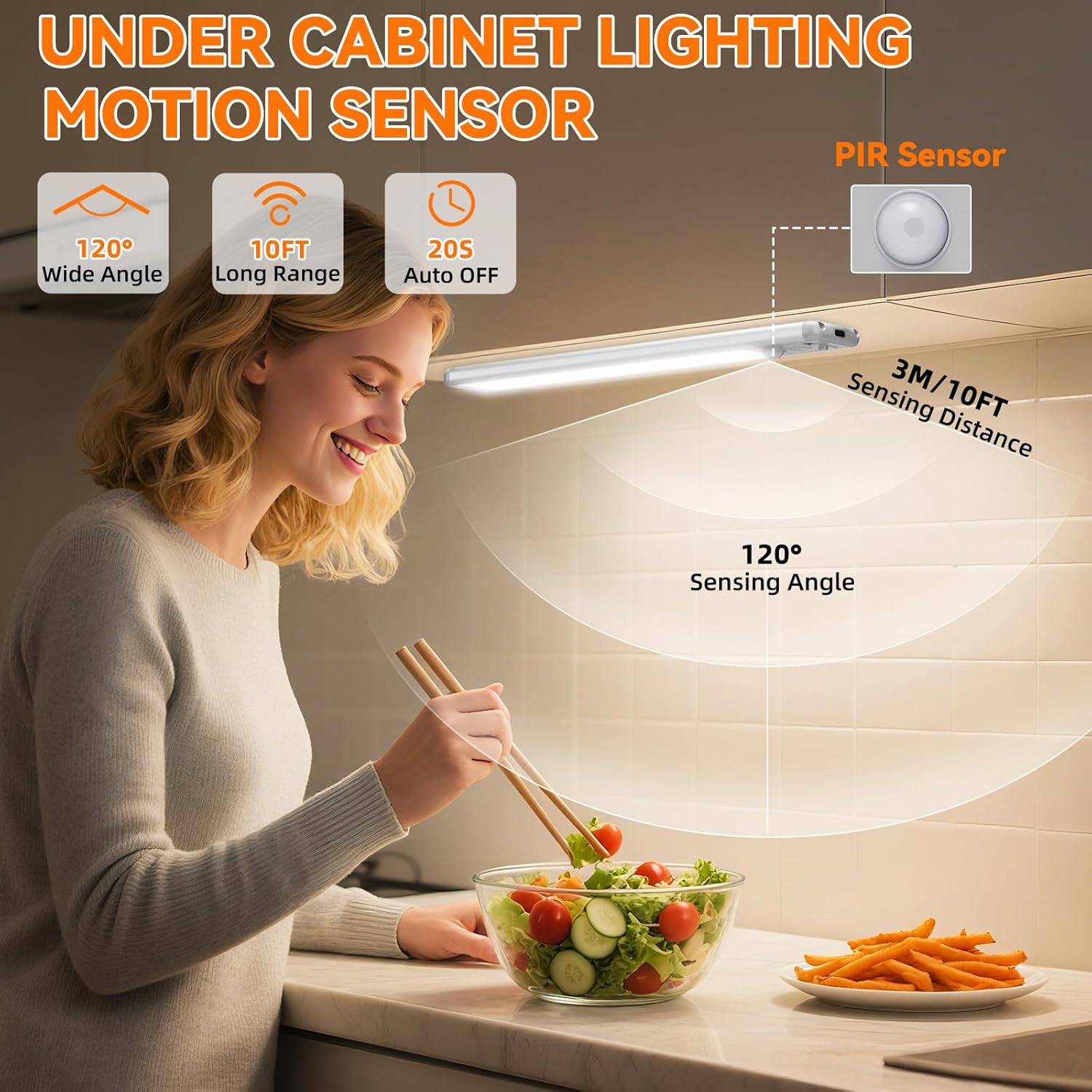 Under Cabinet Lighting Wireless, Rechargeable Motion Sensor Light Indoor, 3 Colo...