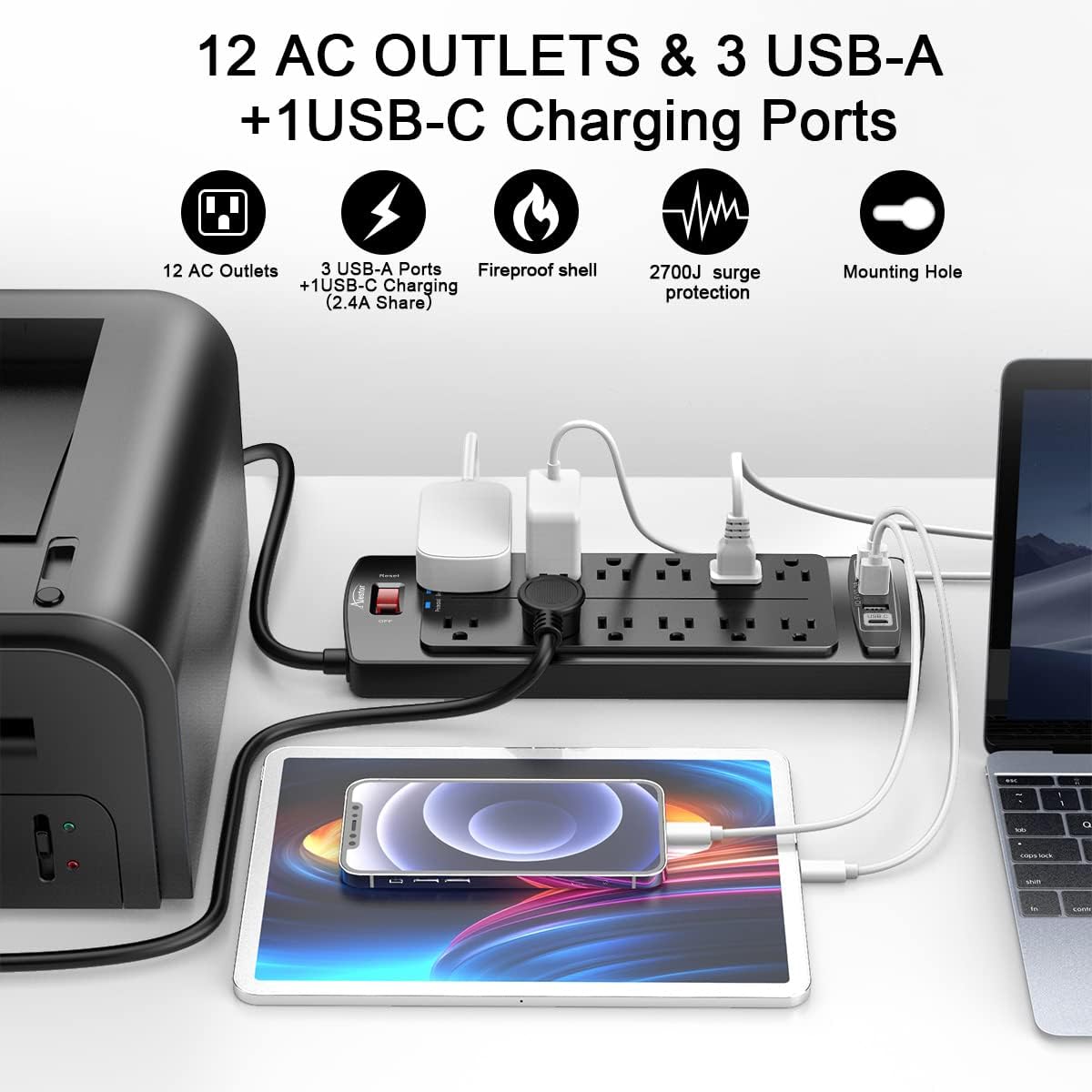 Power Strip, ALESTOR Surge Protector with 12 Outlets and 4 USB Ports, 6 Feet Ext...