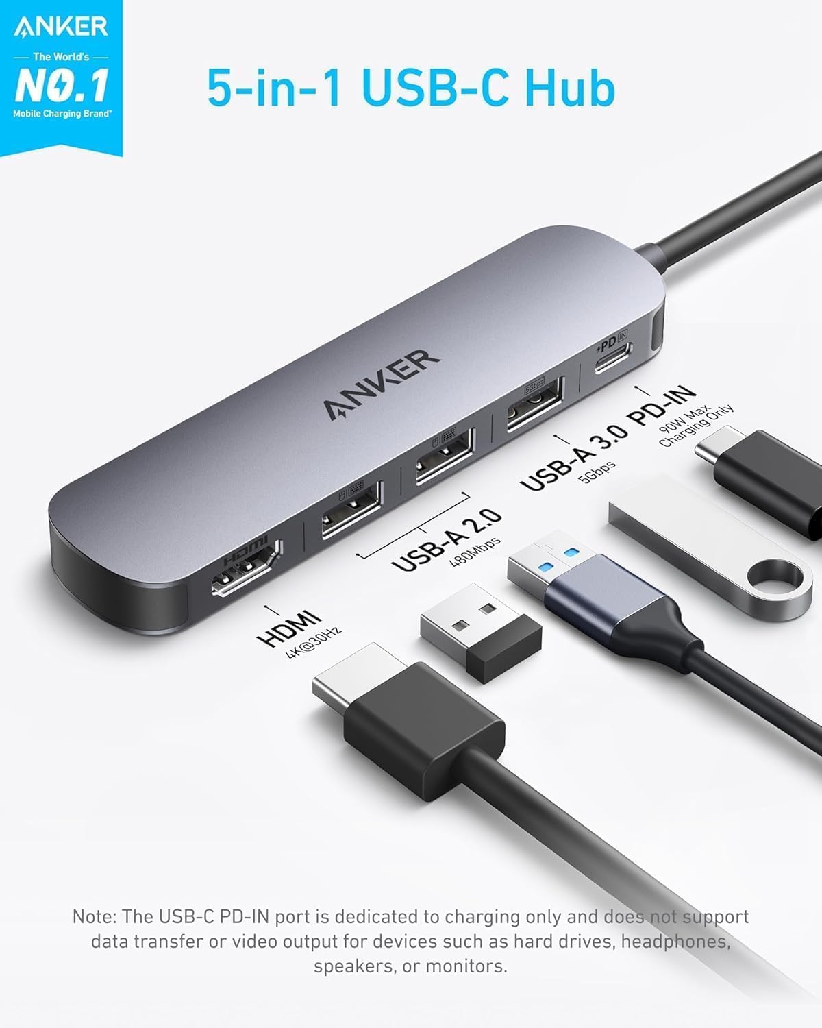 Anker USB C Hub, 5-in-1 USB Hub for Laptops, 4K HDMI Multiport Adapter with 90W...