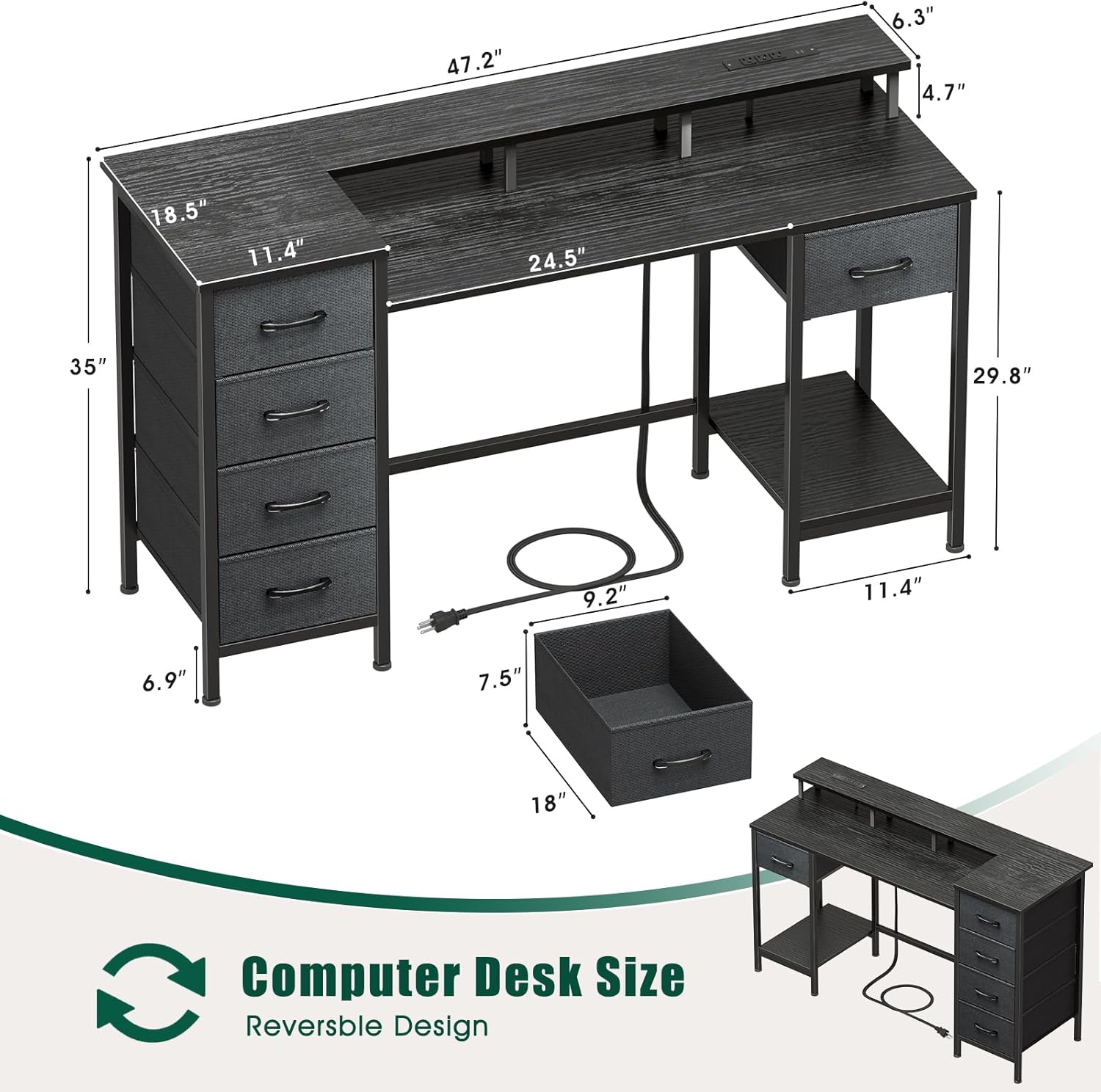 47 Inch Computer Desk, Special Desk with 5 Fabric Storage Drawers, Innovative Ga...