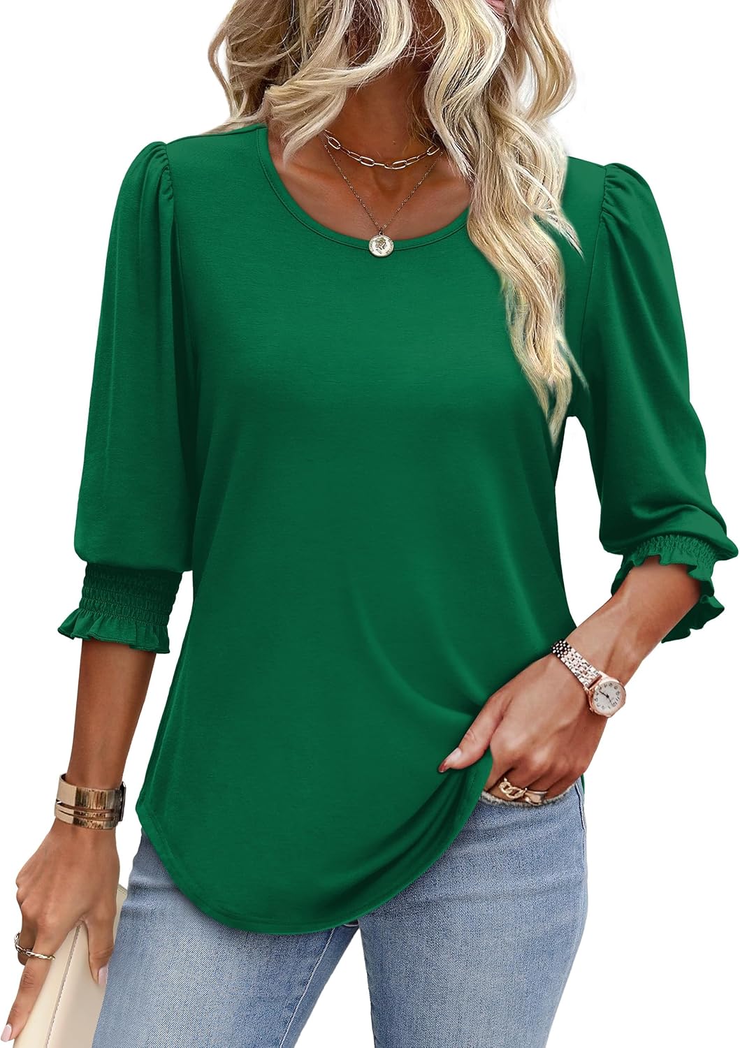 Trendy XIEERDUO Blouses, Elegant Womens Tops with Smocked Cuffs, Chic Casual 3/4...