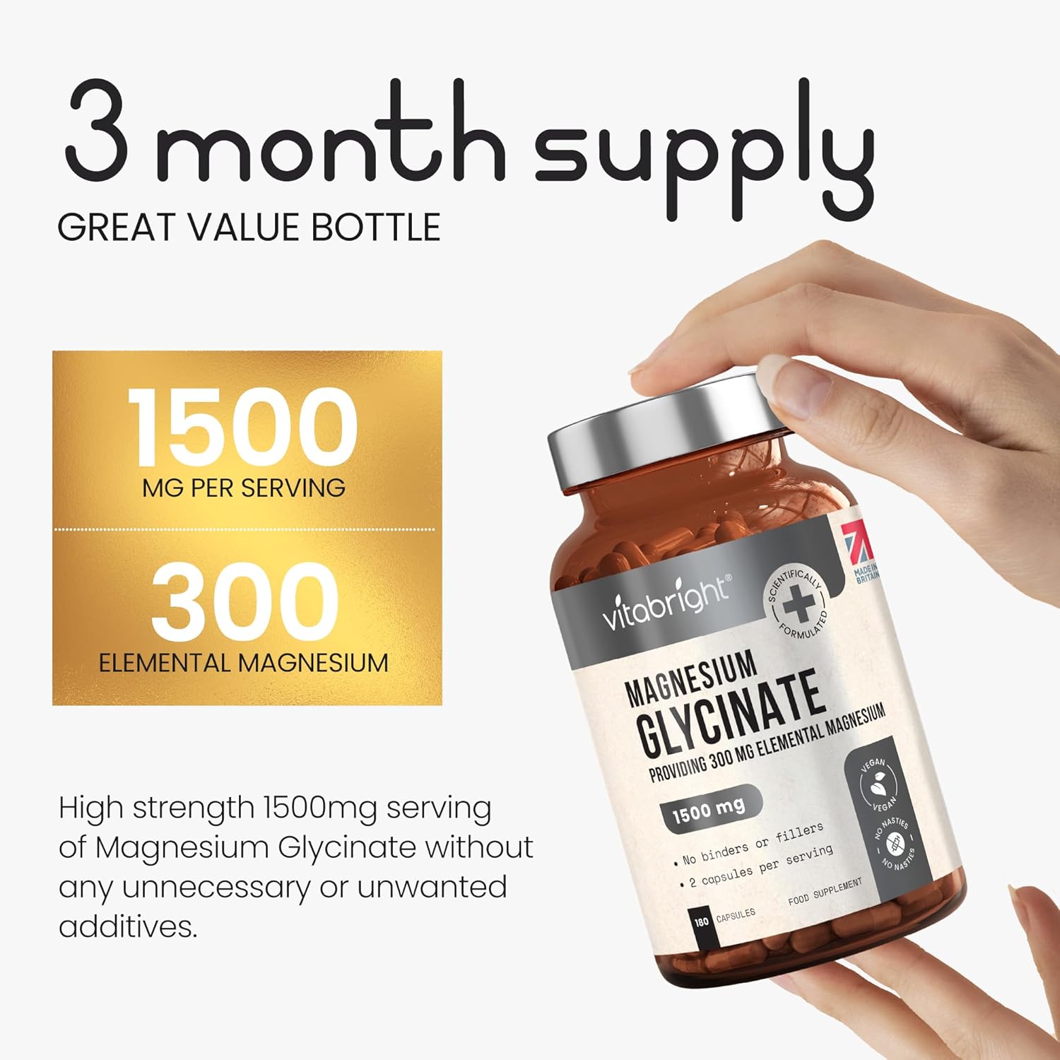 VitaBright Magnesium Glycinate | 180 Capsules | 2 A Day | 1500mg Mag Bisglycinat...