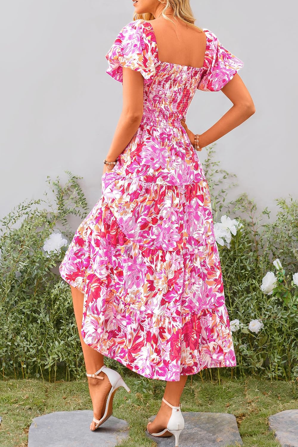 PRETTYGARDEN Women's Casual Summer Midi Dress Puffy Short Sleeve Square Neck Smo...