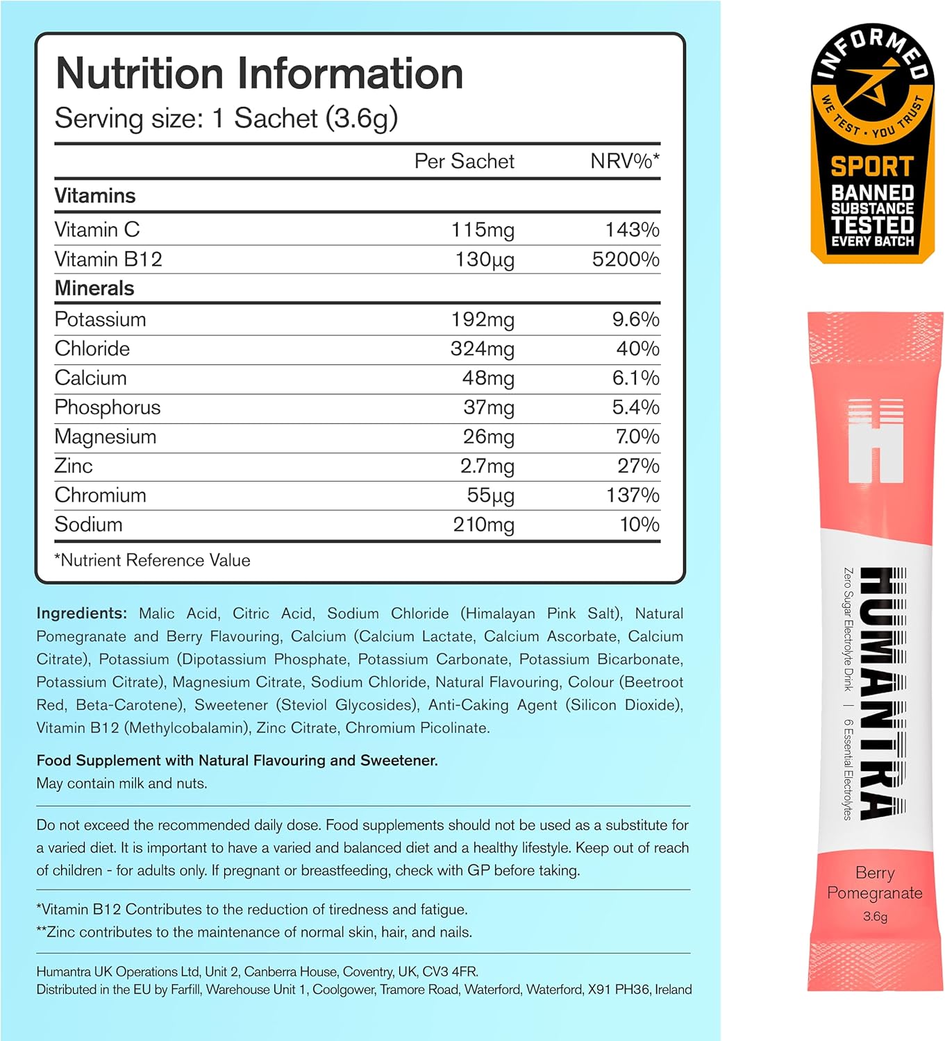 Humantra Electrolytes Powder - Berry Pomegranate Flavor, 20ct - Powdered Hydrati...
