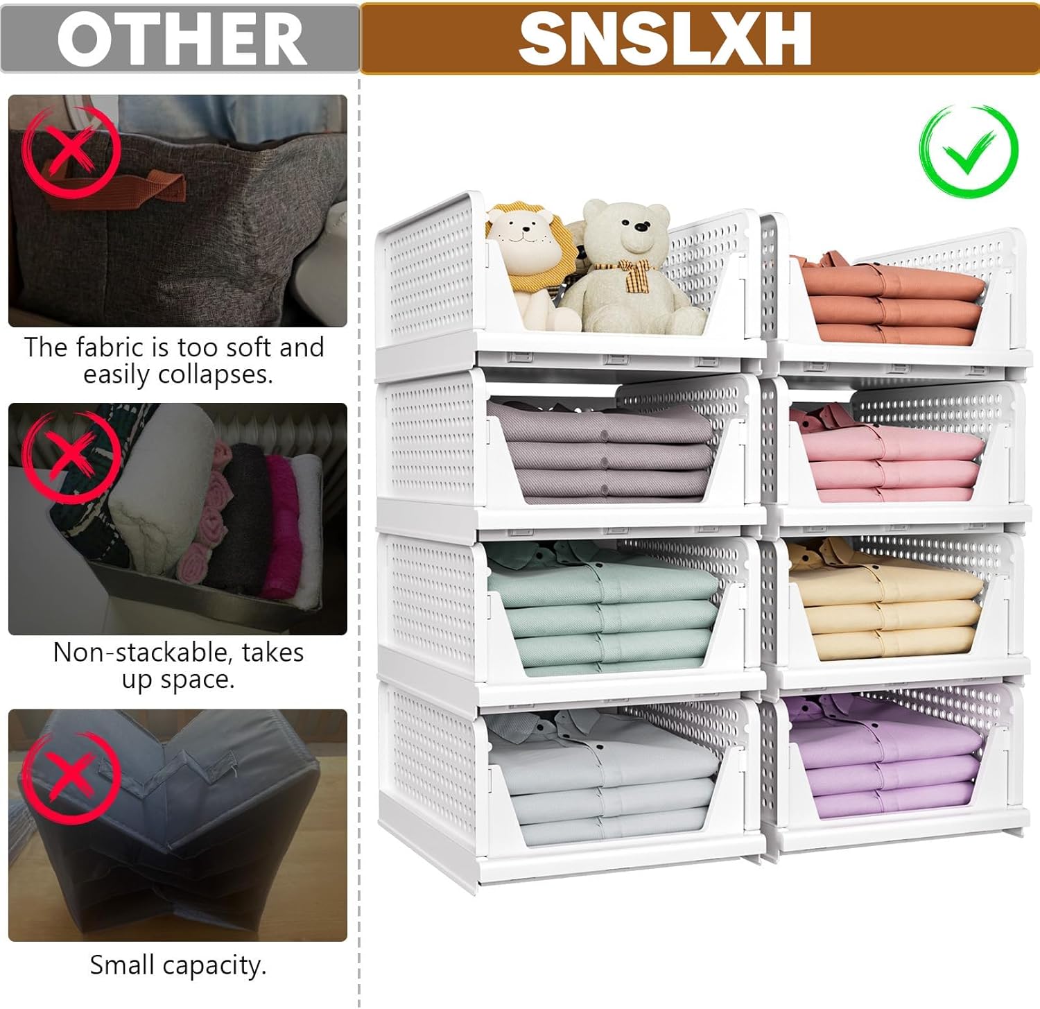 SNSLXH 5 Pack Stackable Closet Storage Basket, Multifunctional & Foldable Closet...