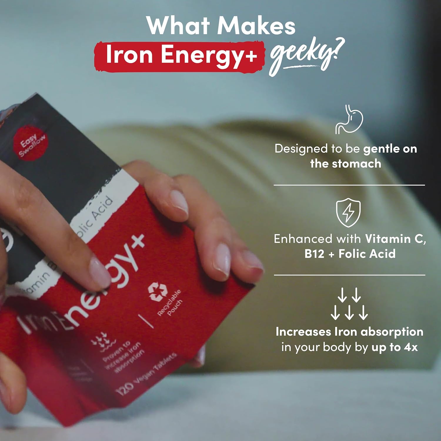 Iron Tablets High Strength - Energy Tablets with Vitamin C, B12 & Folic Acid - 1...