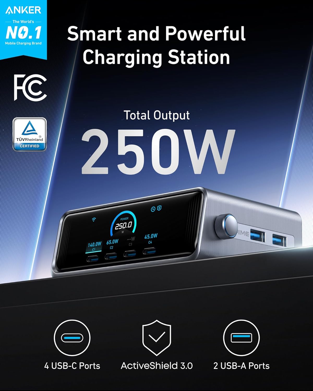 Anker Prime Charging Station, 250W 6-Port GaN USB C Charger, 2.26" LCD Smart Dis...