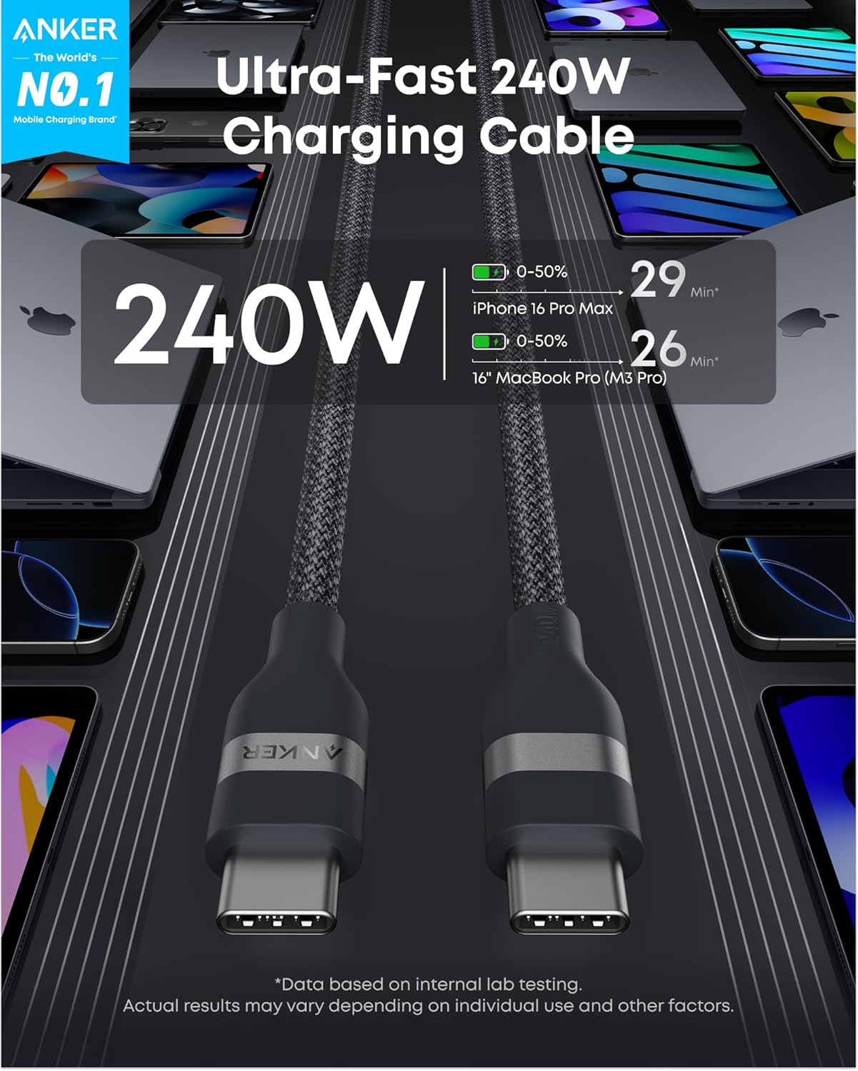 Anker Nano USB C Cable, 240W Flexible Multi-Color Braided Cord, Fast Charging Ty...