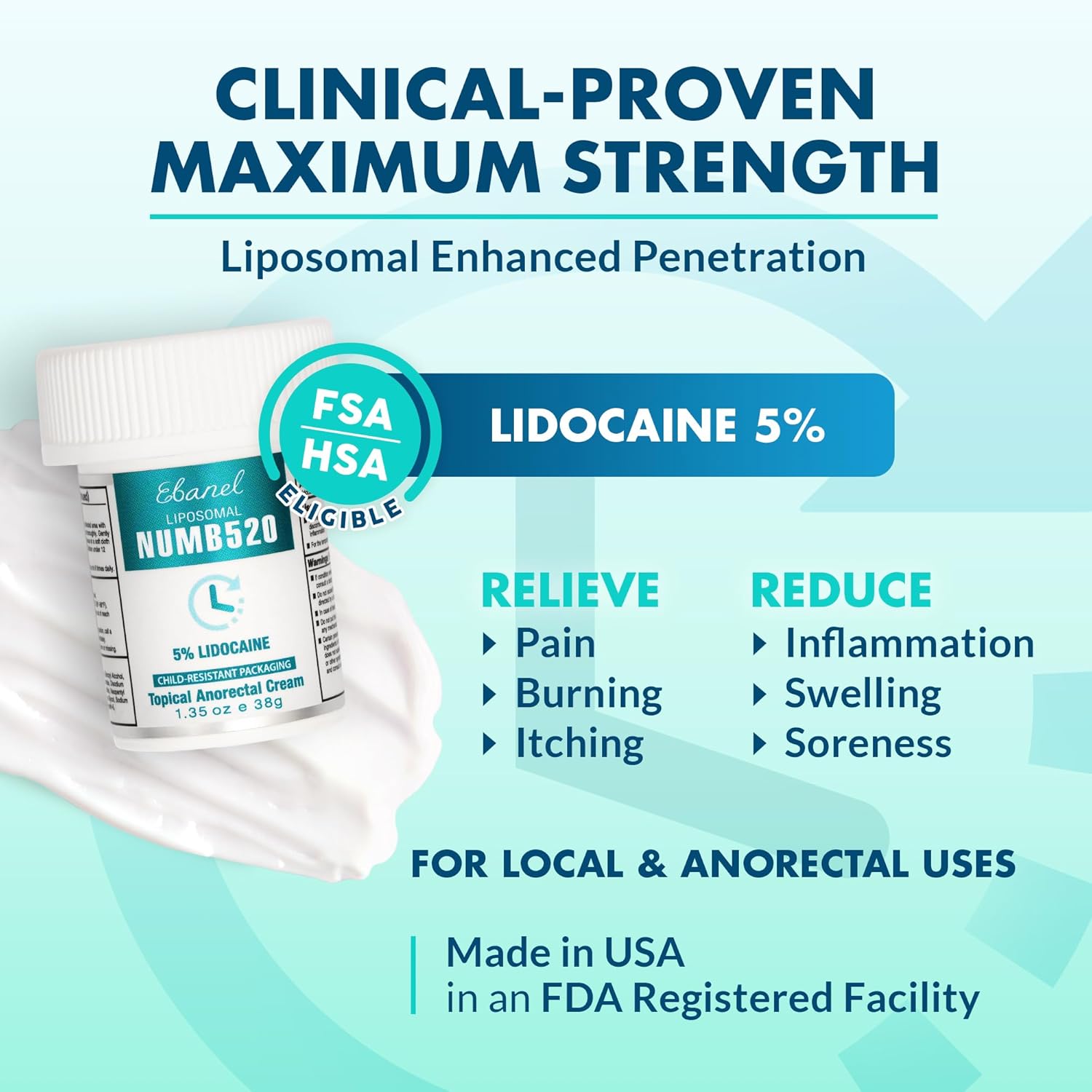 Ebanel 5% Lidocaine Numbing Cream, Pain Relief Burn Itch Numb Cream, Maximum Str...