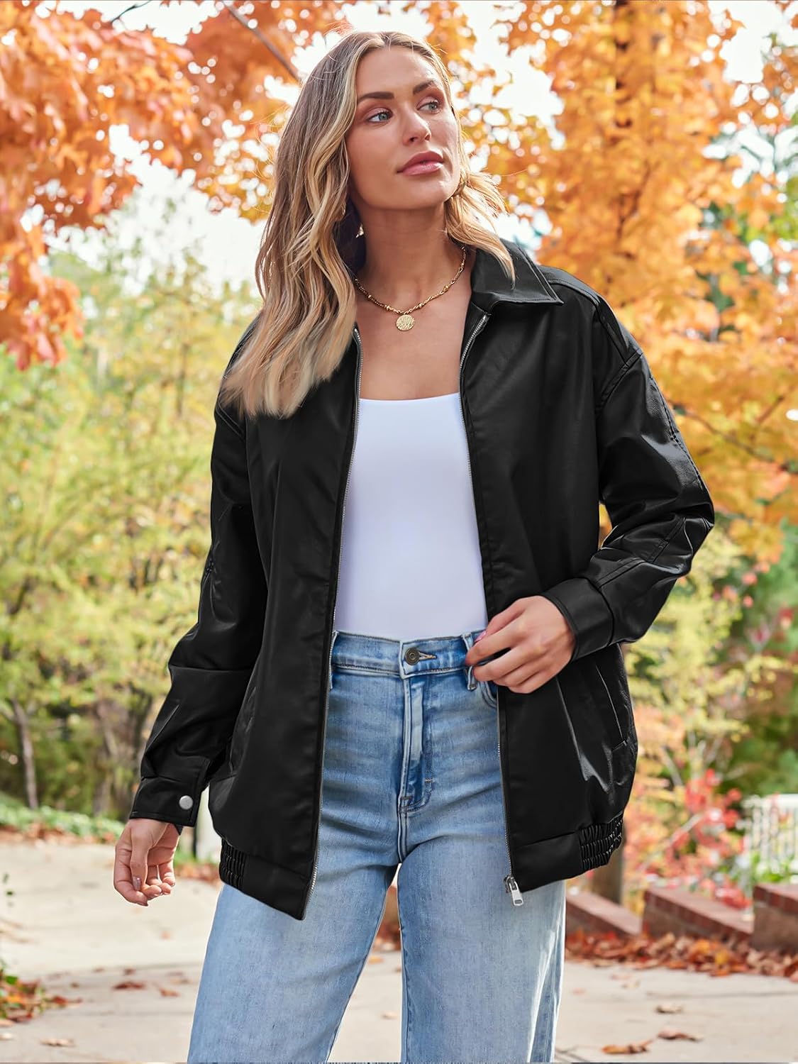 AUTOMET Women's Oversized Faux Leather Jacket - Fall Motorcycle Style Coat with...