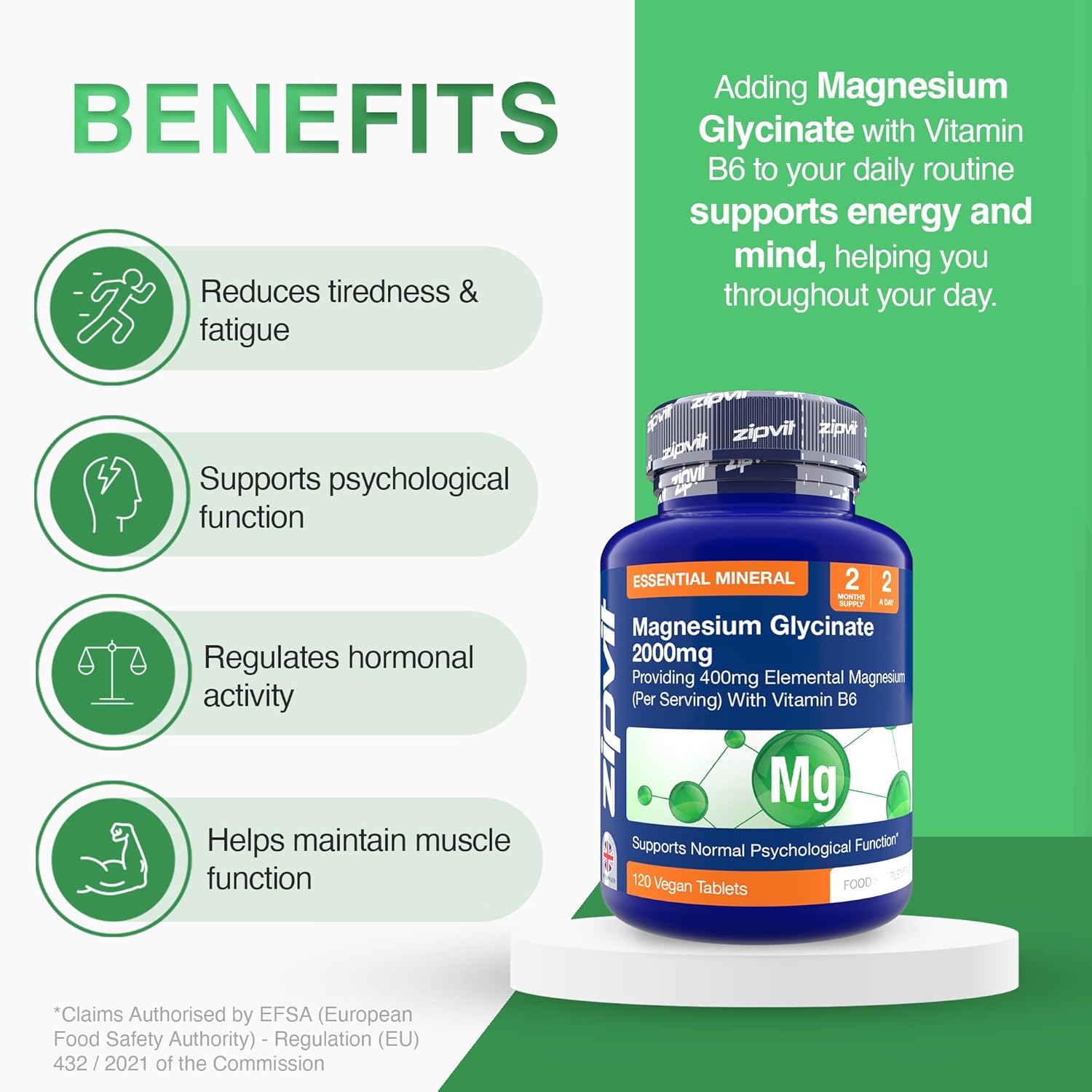 Zipvit Magnesium Glycinate 2000mg with 400mg Elemental, Plus Vitamin B6, 120 Veg...