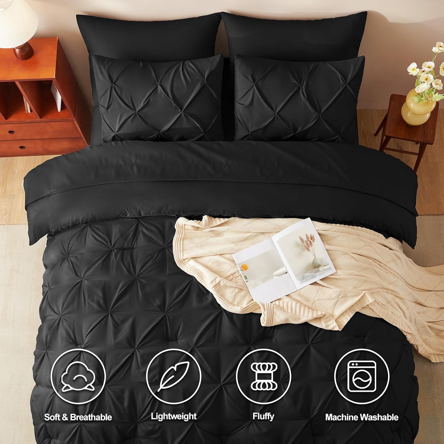 CozyLux King Size Comforter Set Black, 7 Pieces Pi...
