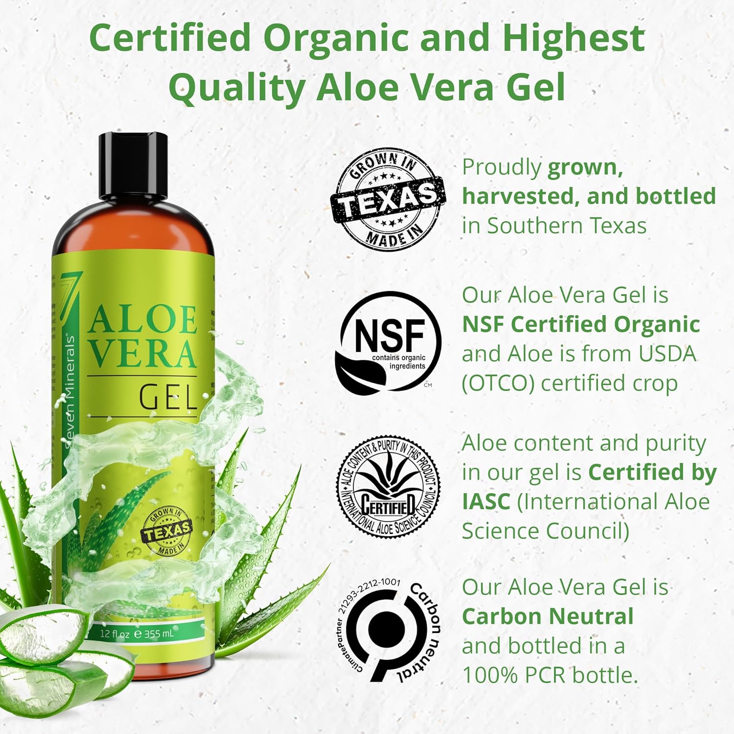 Seven Minerals Organic Aloe Vera Gel from freshly cut 100% Pure Aloe - Big 12oz...