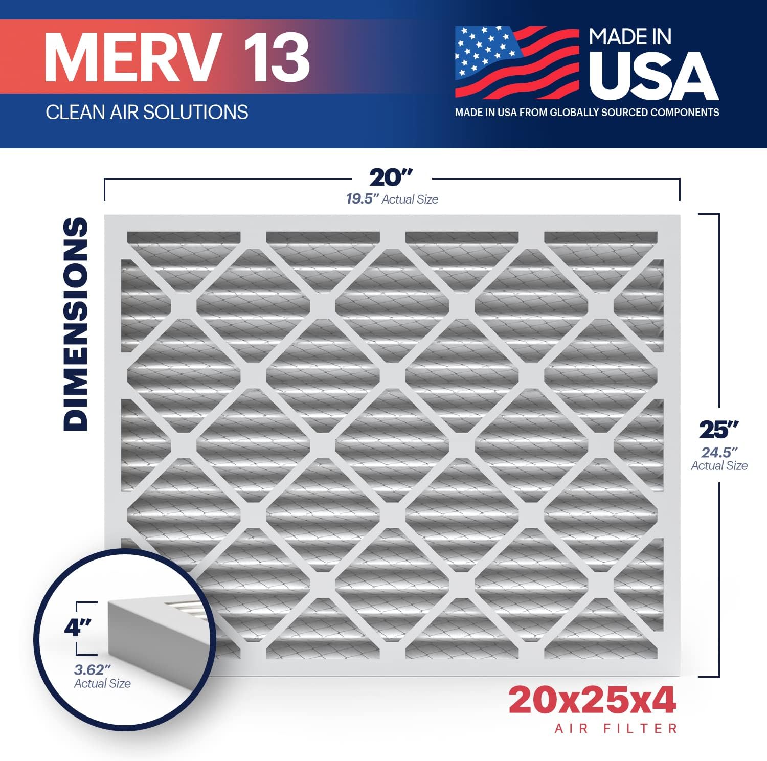 BNX TruFilter 20x25x4 (19.5’’ x 24.5’’ x 3.63‘’ Slim Fit) MERV 13 Air Filter (2-...