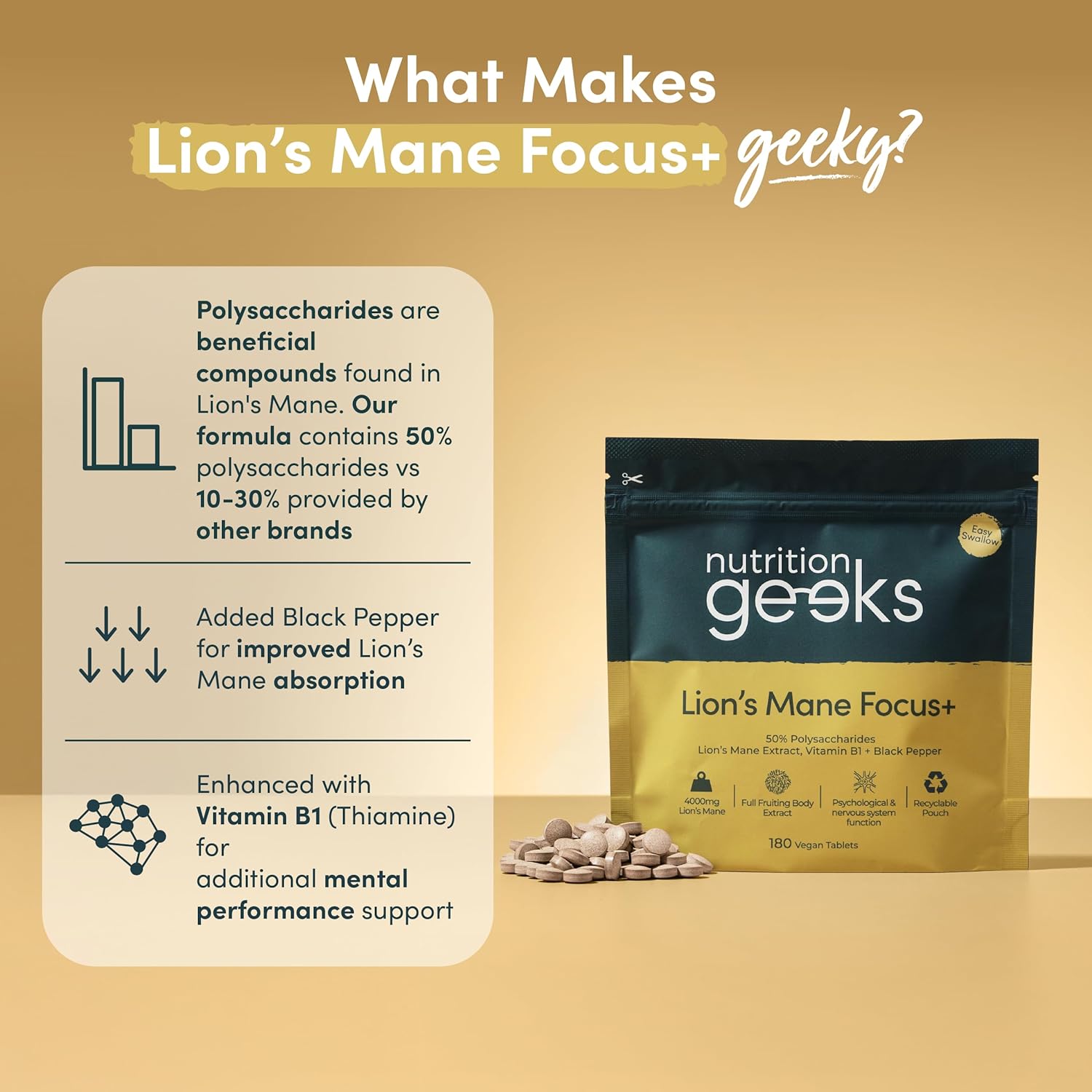 Lions Mane Supplement 4000mg with Vitamin B1 & Black Pepper, 180 Vegan Tablets -...