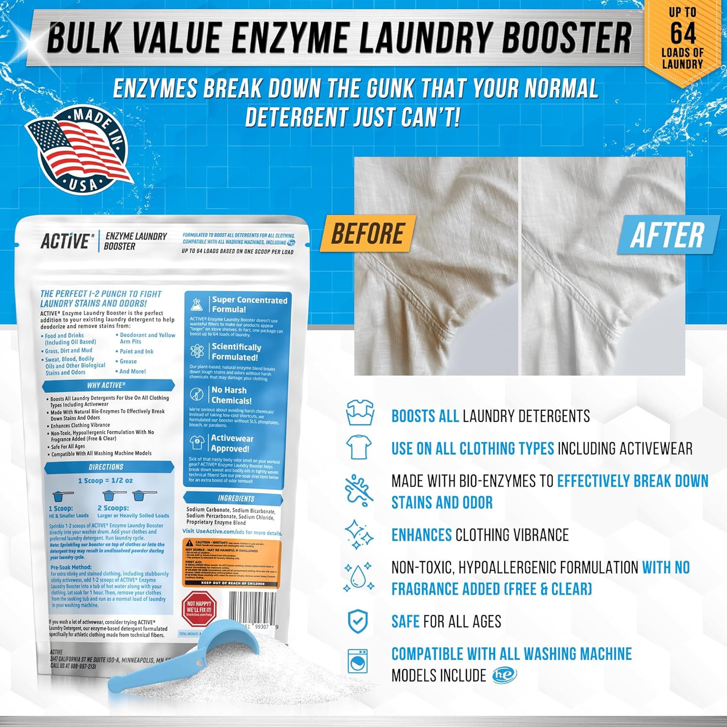 Enzyme Laundry Booster Odor Remover - 2 lbs Unscented Enzymatic Clothes Stain Cl...