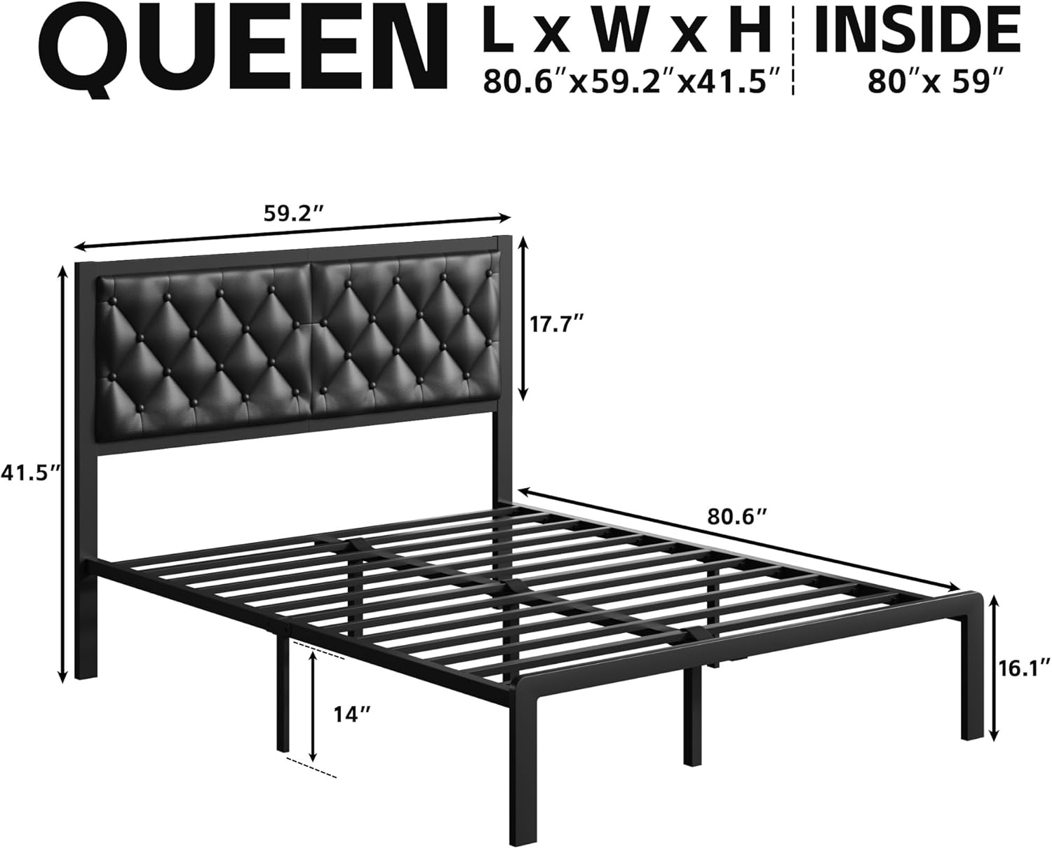Queen Bed Frame with Headboard PU Leather Upholstered Bed Frame Platform,All Met...