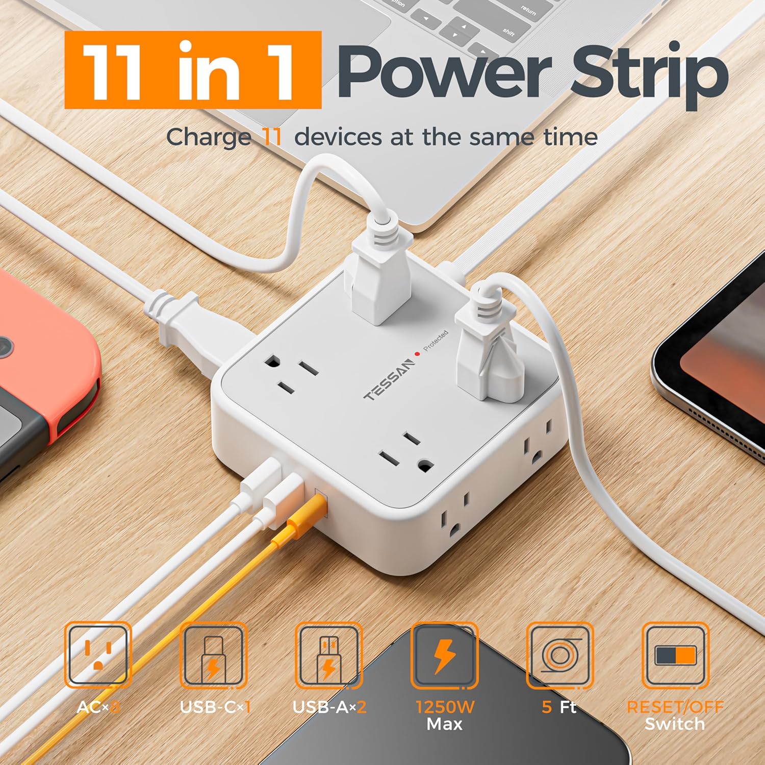 TESSAN Surge Protector Power Strip, 5 Ft Flat Plug Extension Cord with 3 USB (1...
