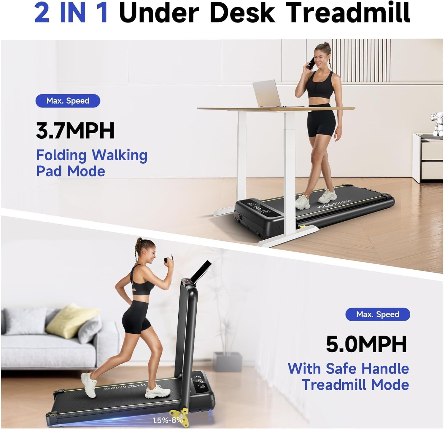 Foldable Treadmill with Incline, Walking Pad with Handle Bar 3 Level Incline, Po...