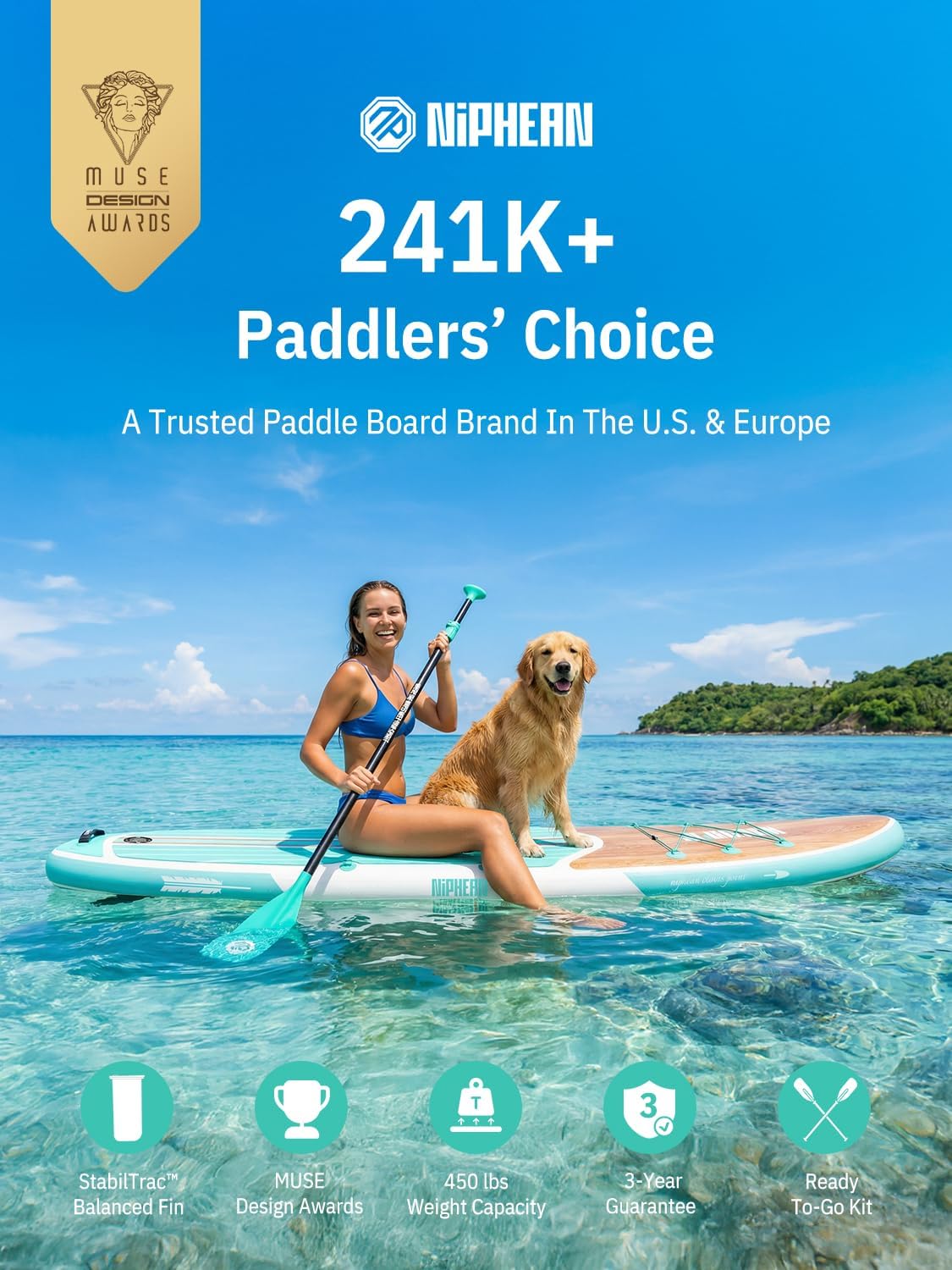 Niphean Inflatable Stand Up Paddle Board with SUP Accessories, Anti-Slip EVA Dec...