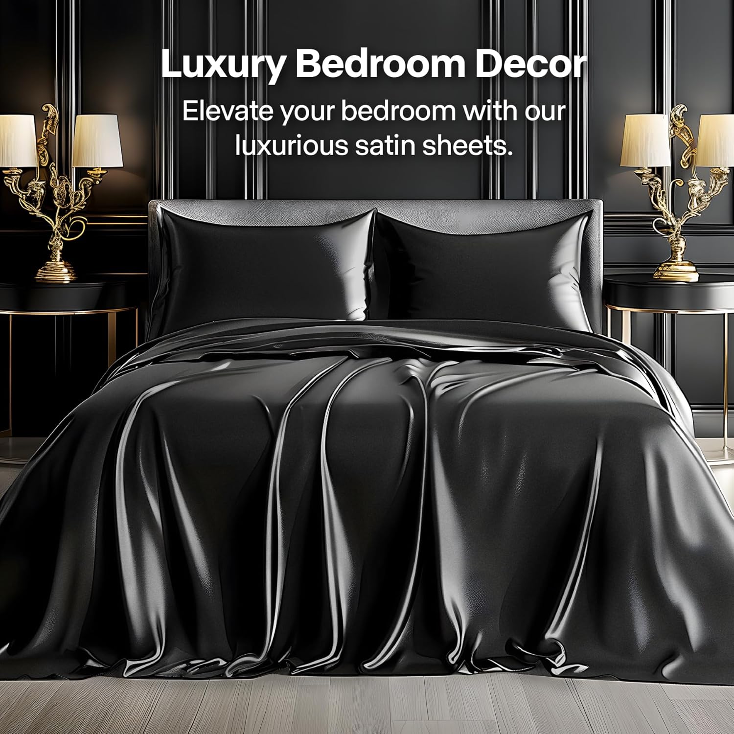 BEDELITE Satin Sheets Queen Size Bed Set, Luxury Soft Black Silky Sheets for Hai...