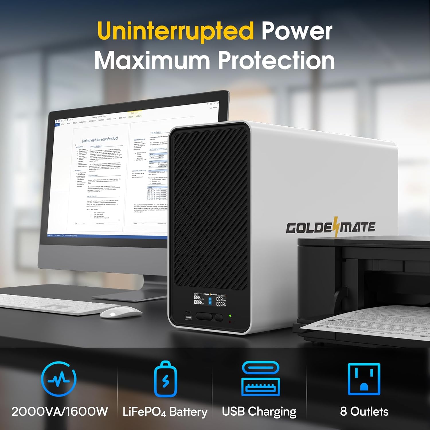 Premium GOLDENMATE 2000VA/1600W UPS Battery Backup, High-Quality Backup Battery...