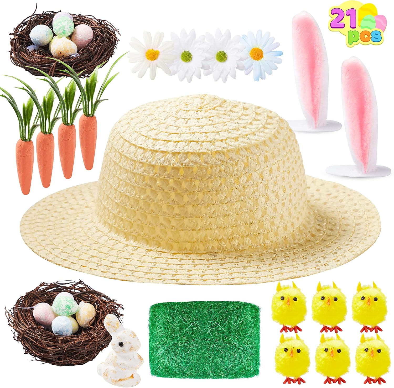 JOYIN Make Your Own Bonnet Hat Craft Set with Chicks, Bunny Ears, Eggs, Nests, G...