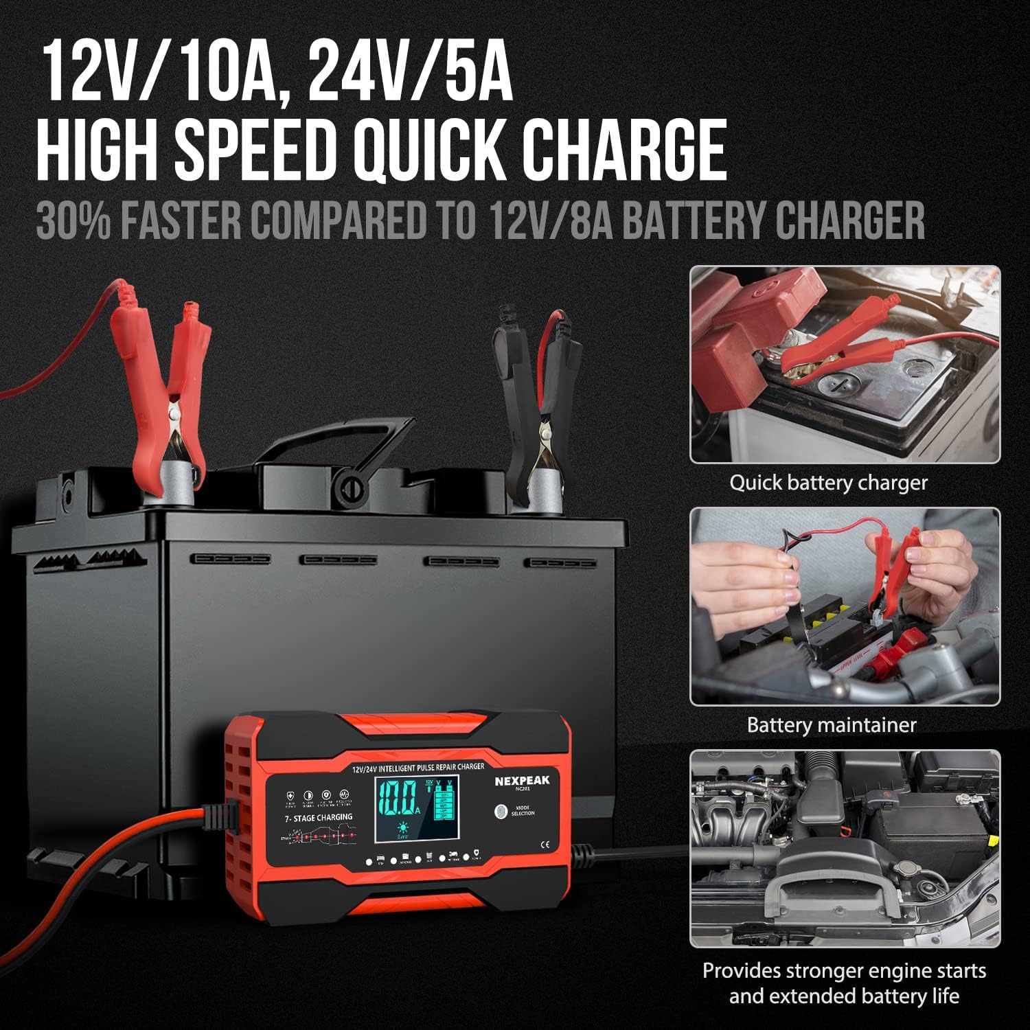 10-Amp Car Battery Charger, 12V and 24V Smart Fully Automatic Battery Charger wi...