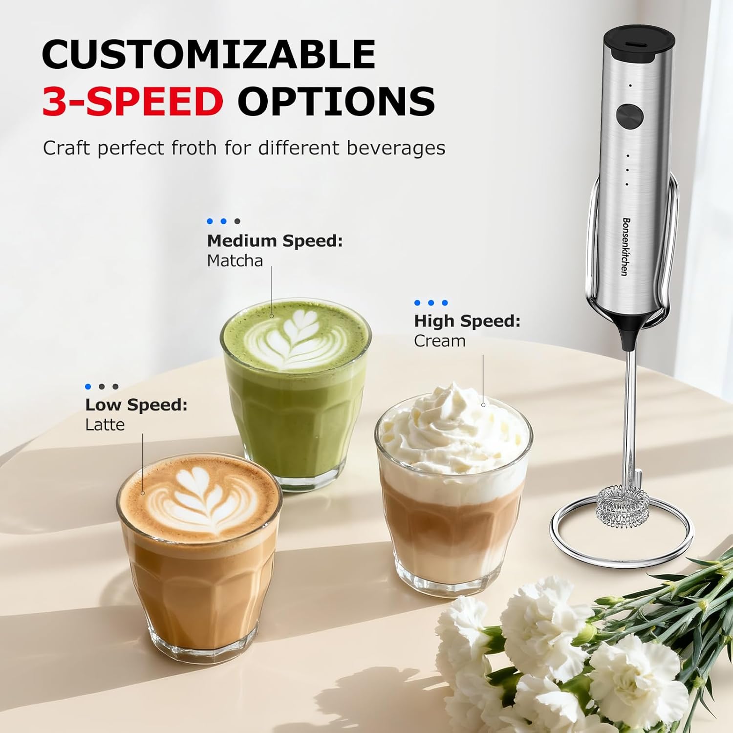 High-Quality Bonsenkitchen Milk Frother, Innovative Handheld Coffee Whisk with S...