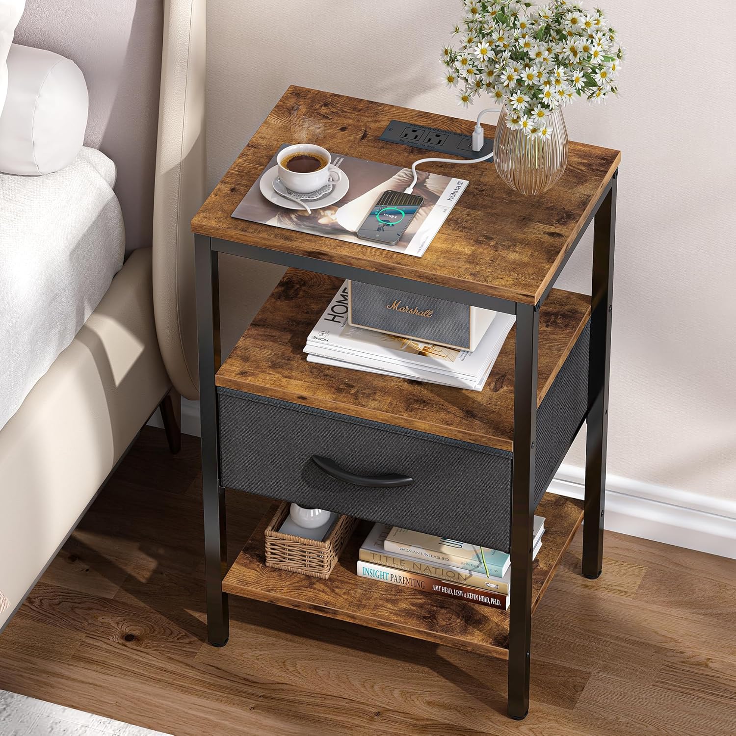 SUPERJARE Nightstand with Charging Station, Bed Si...