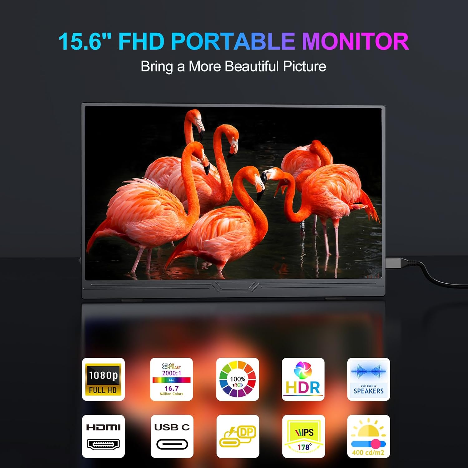 Portable Monitor, 15.6 inch 1080P FHD IPS Second External Monitor with USB-C Min...