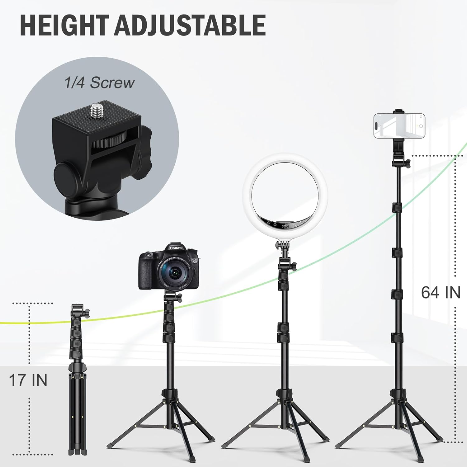 64” Tripod for Cell Phone & Camera, Phone Tripod with Remote and Phone Holder, S...