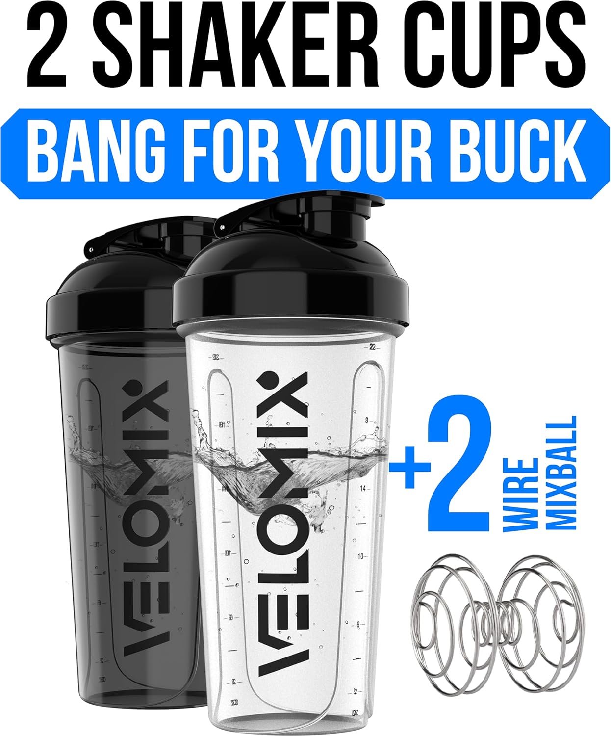 VELOMIX Protein Shaker Bottle, High-Quality Shaker with 2x Wire Mixball for Lump...