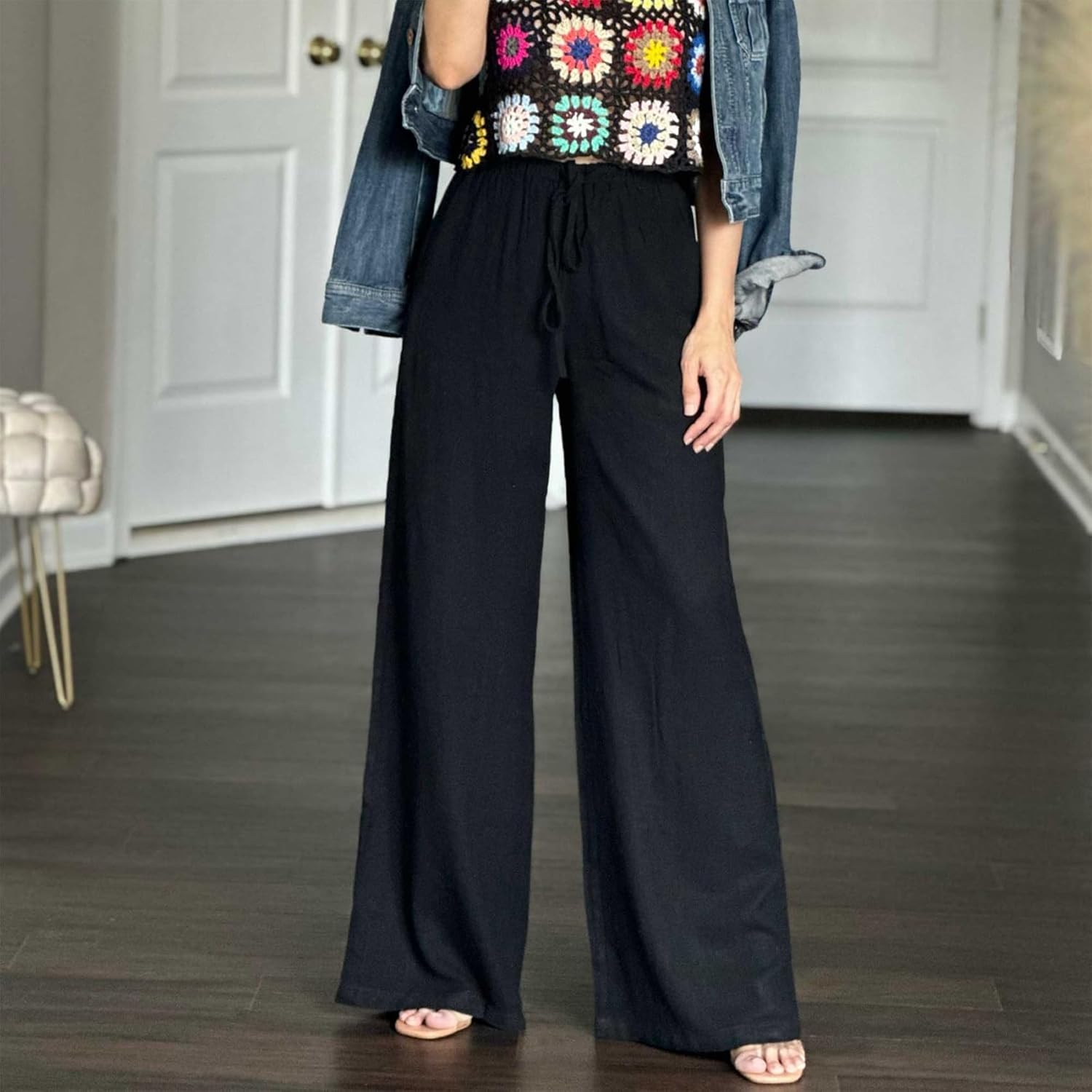 Duyang Womens Cotton Linen Palazzo Pants Drawstring Elastic Waist Casual Wide Le...