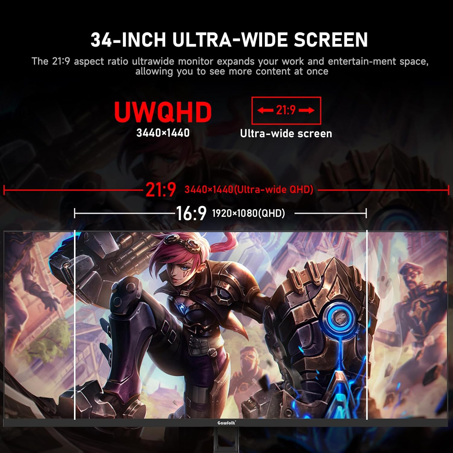 Gawfolk 34 Inch IPS Ultrawide 165Hz Gaming Computer Monitors, 21:9 UWQHD (3440x1...
