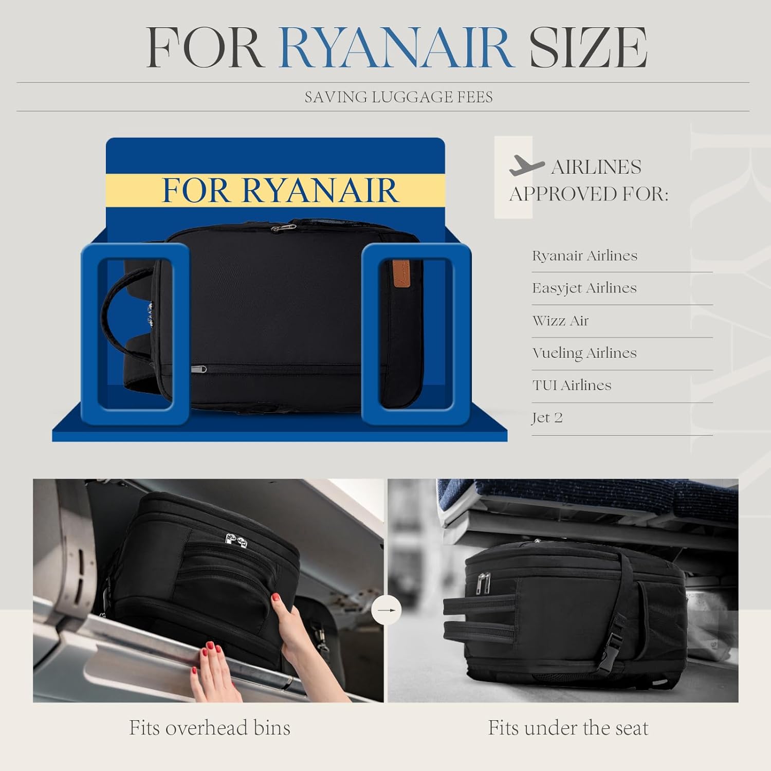 Lossga for Ryanair Cabin Bags Underseat 40x30x20 Anti Theft Carry-ons 40x20x25,...