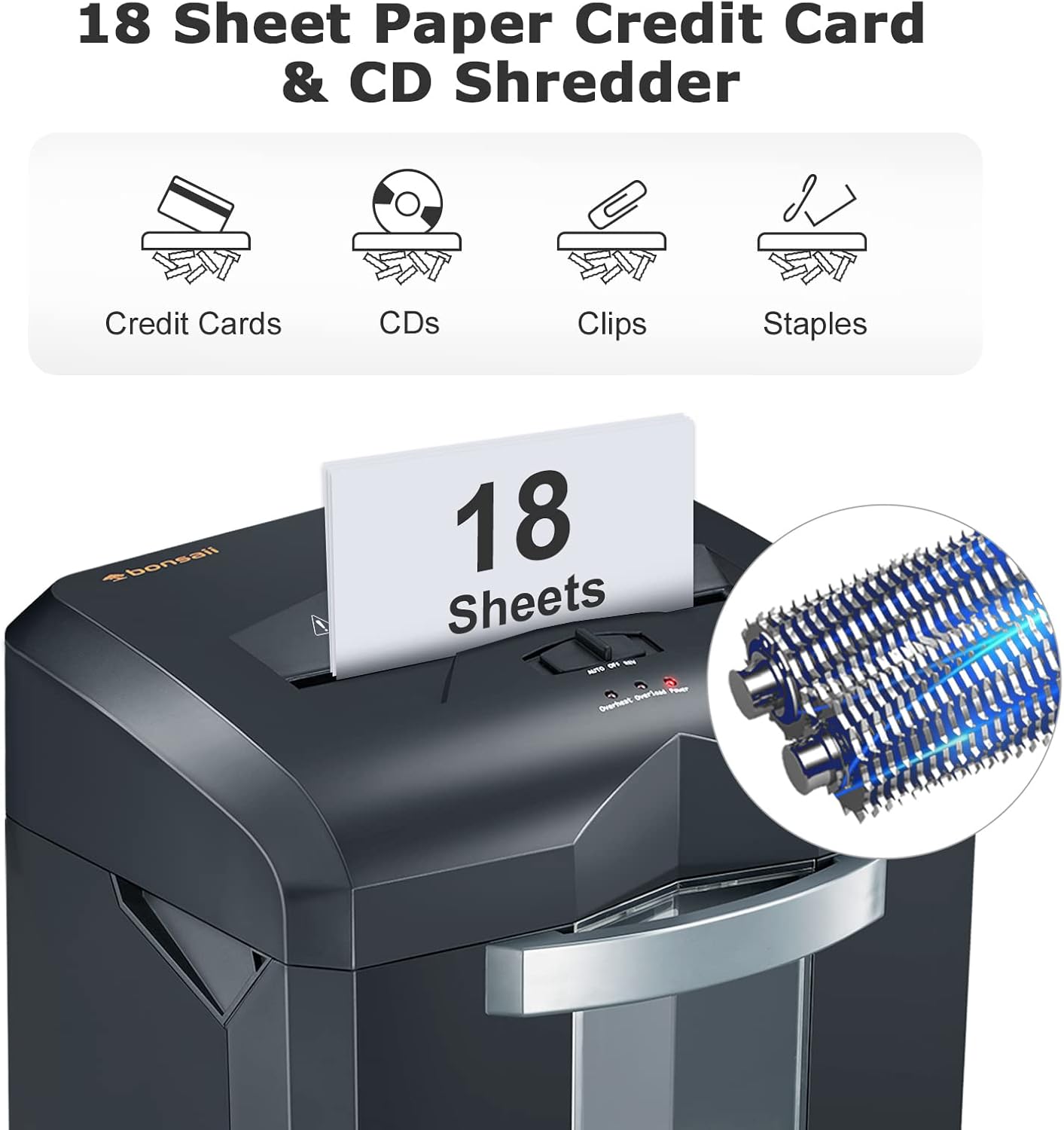 Bonsaii Heavy Duty Paper Shredder, 60-Minute 18 Sheets Cross Cut Office Credit C...