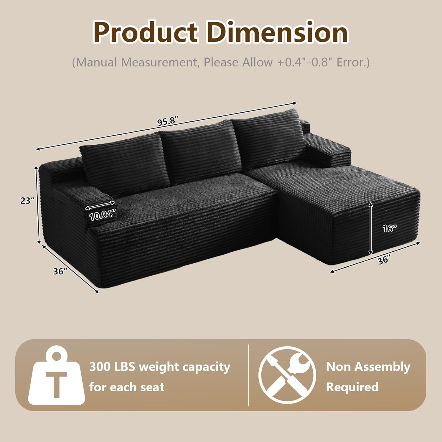 96\" Modular Sectional Sofa, Special L-Shape Couch with Corduroy Memory Foam, In...