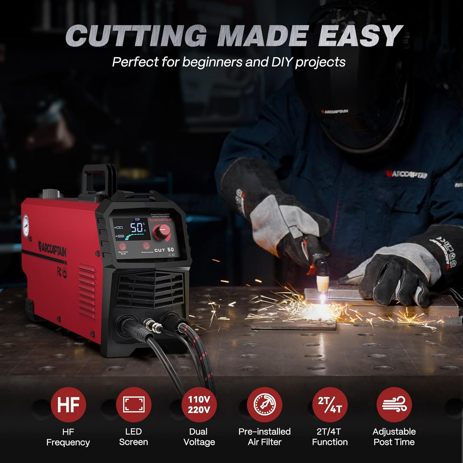 ARCCAPTAIN Plasma Cutter, [Large LED Display] 50Amps Cutter Machine with 110/220...