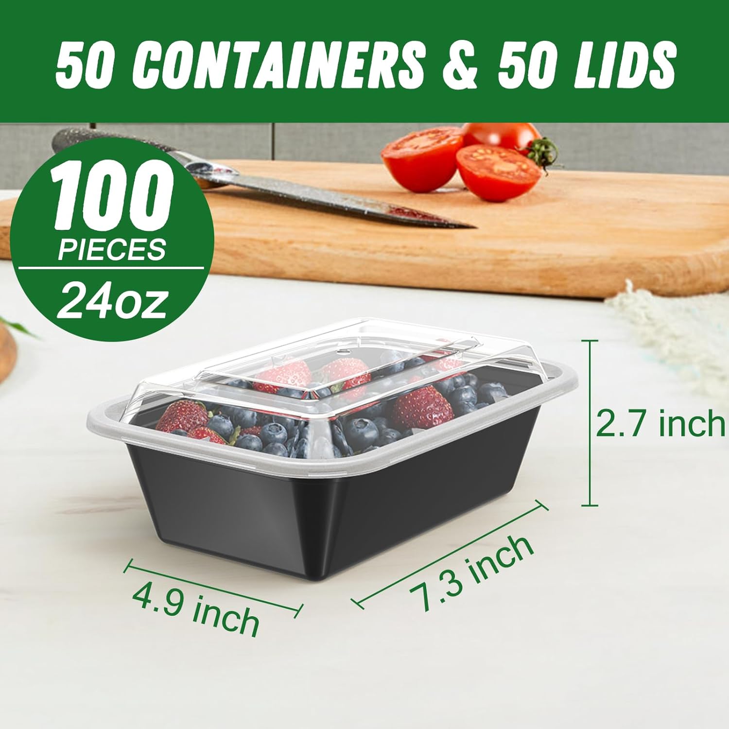 50 Pack (100-Piece) 24 oz Meal Prep Containers Reusable with Lids, Sturdy Leakpr...