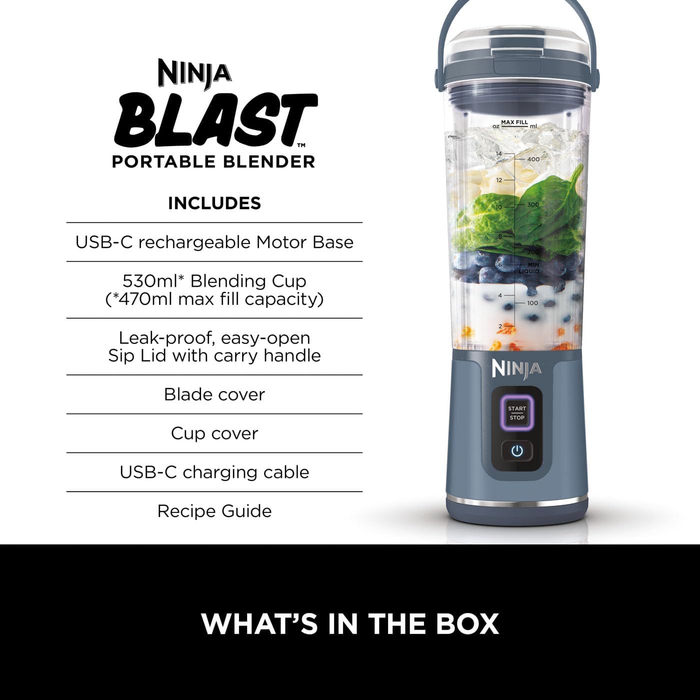 Ninja Blast Portable Blender, 530ml, Leakproof Lid & Sip Spout, Powerful Cordles...