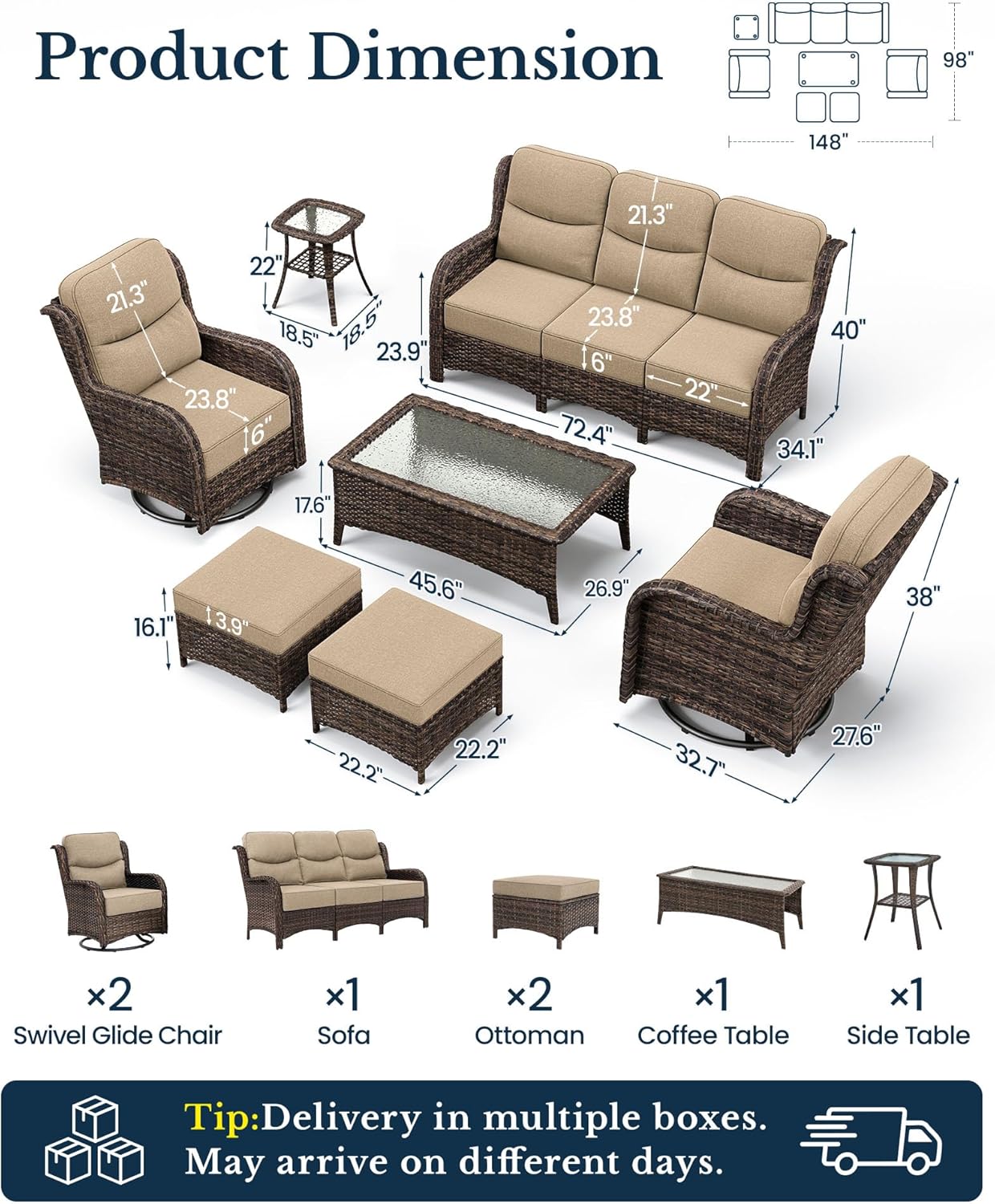 HILLGA Luxury Patio Furniture Set with 6-inch Thick Cushion, Outdoor Couch and H...