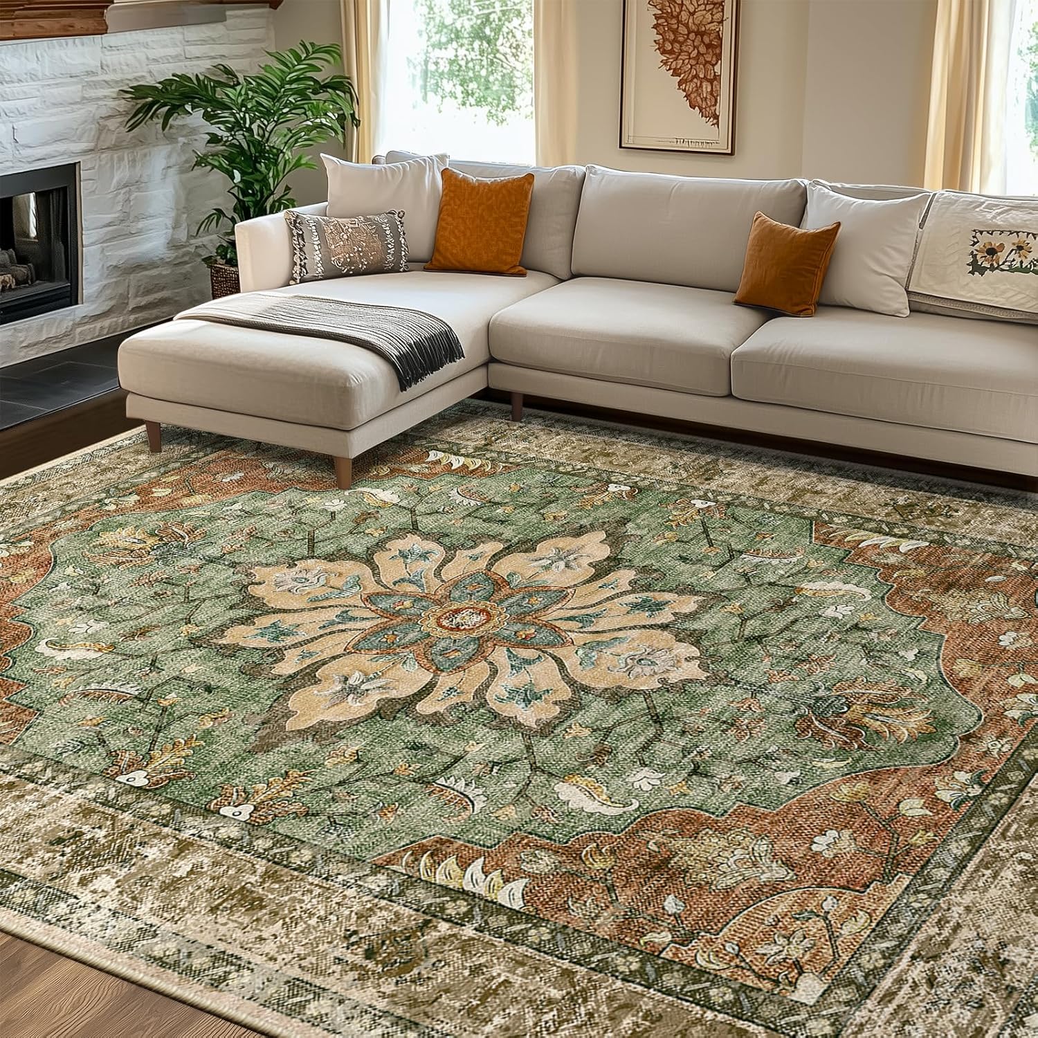 Area Rugs 8'x10' Washable Non-Slip, Floral Vintage Distress Print Pattern Medall...