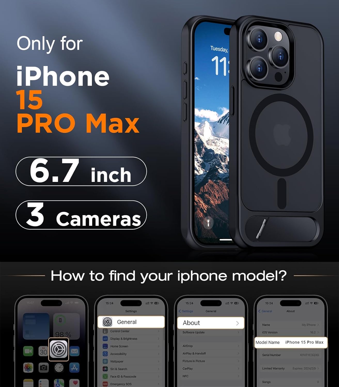 Temdan Magnetic Compatible with iPhone 15 Pro Max Case, [Built-in Invisible Kick...