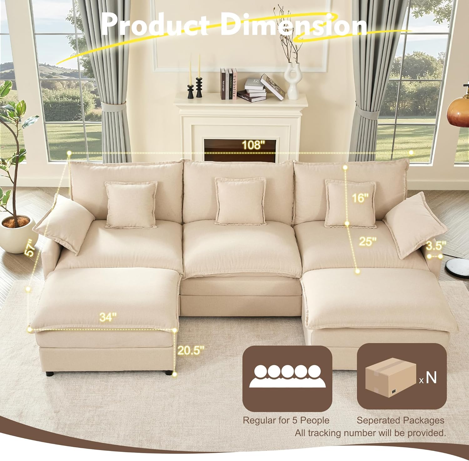 108" U Shaped Couch, Modular Sectional Sofa, 3-Sea...