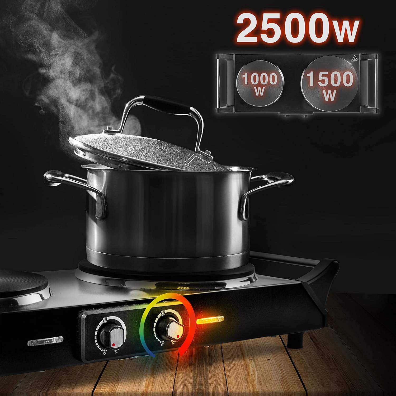 Duronic Hot Plate HP2 BK, Table Top Cooking, 2500W Black Steel Electric Double H...