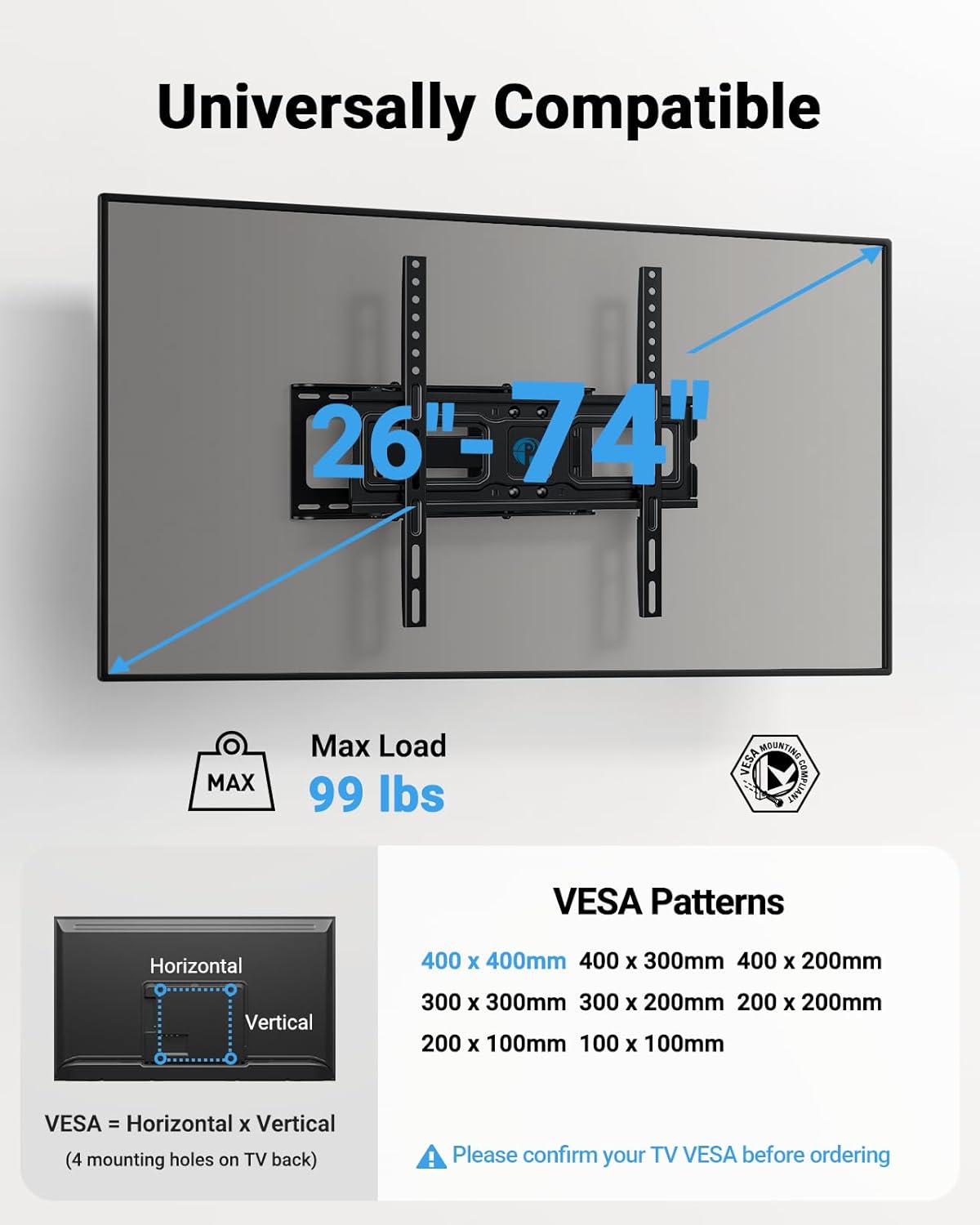 Pipishell TV Wall Mount for 26-74 inch LED LCD OLED 4K TVs up to 99lbs, Full Mot...