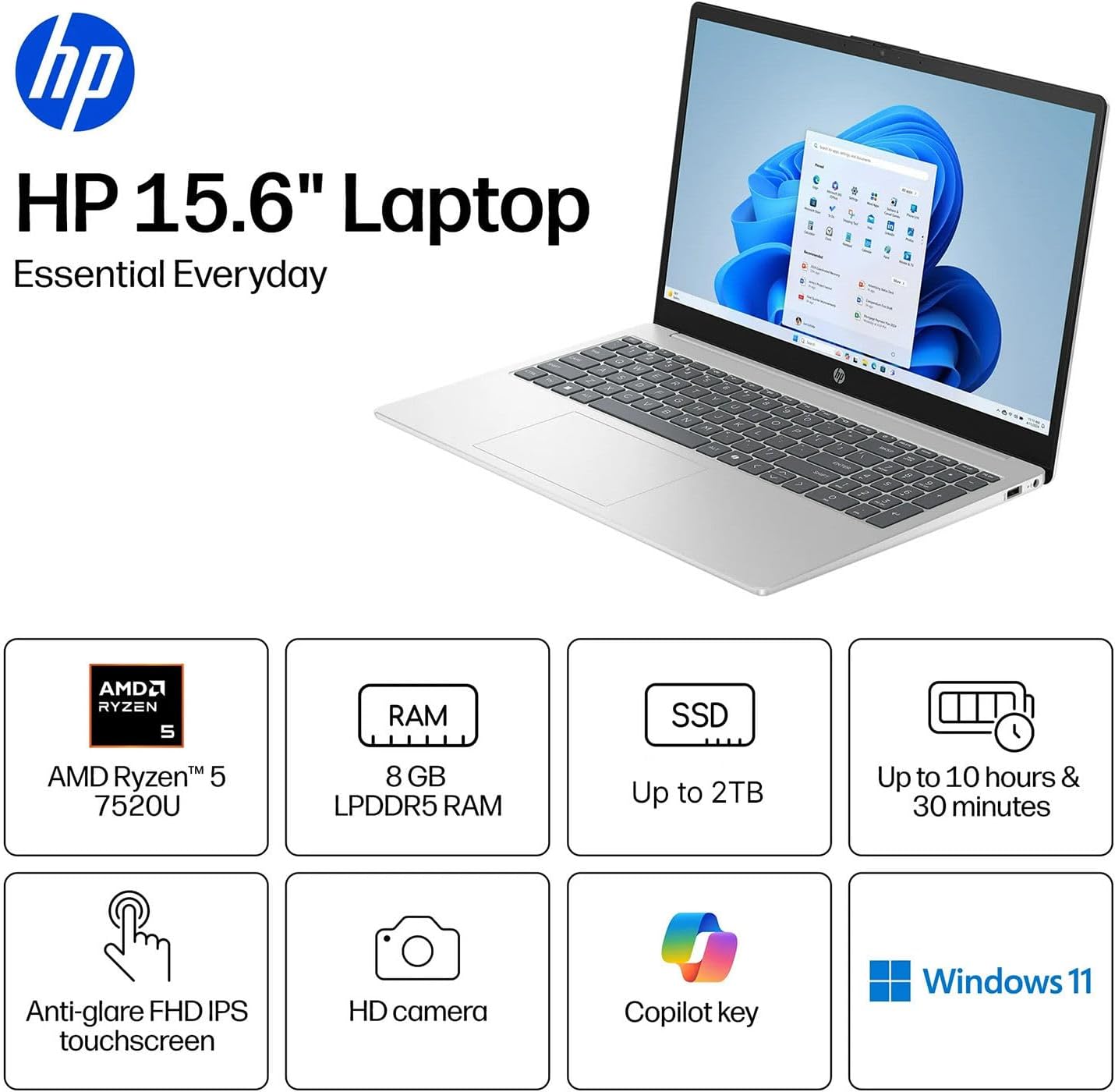 HP 15.6" FHD Touchscreen Business Laptop • 2026 Edition • AMD Ryzen 5 7520U • 8G...