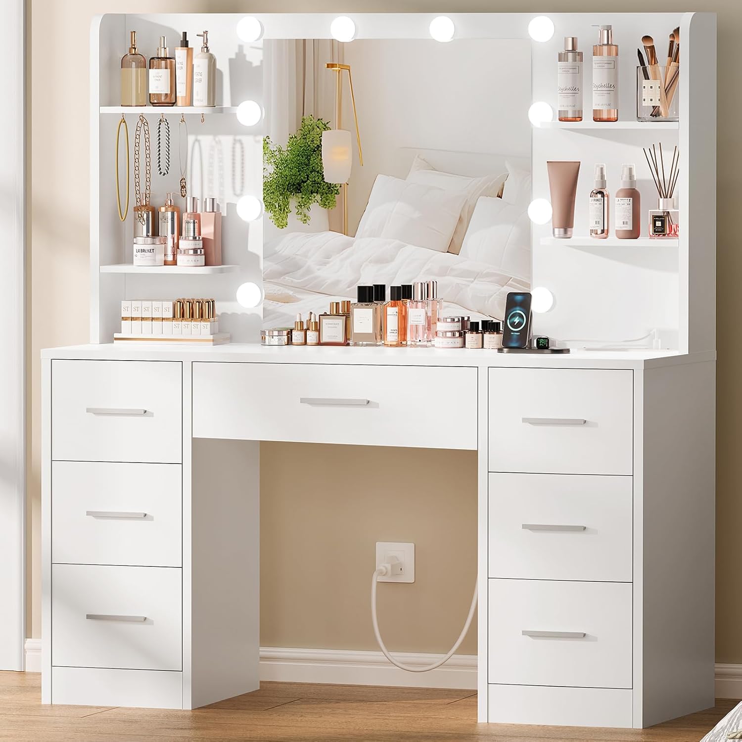 Quimoo Large Vanity Desk with LED Lighted Mirror & Power Outlet,Makeup Vanity Ta...