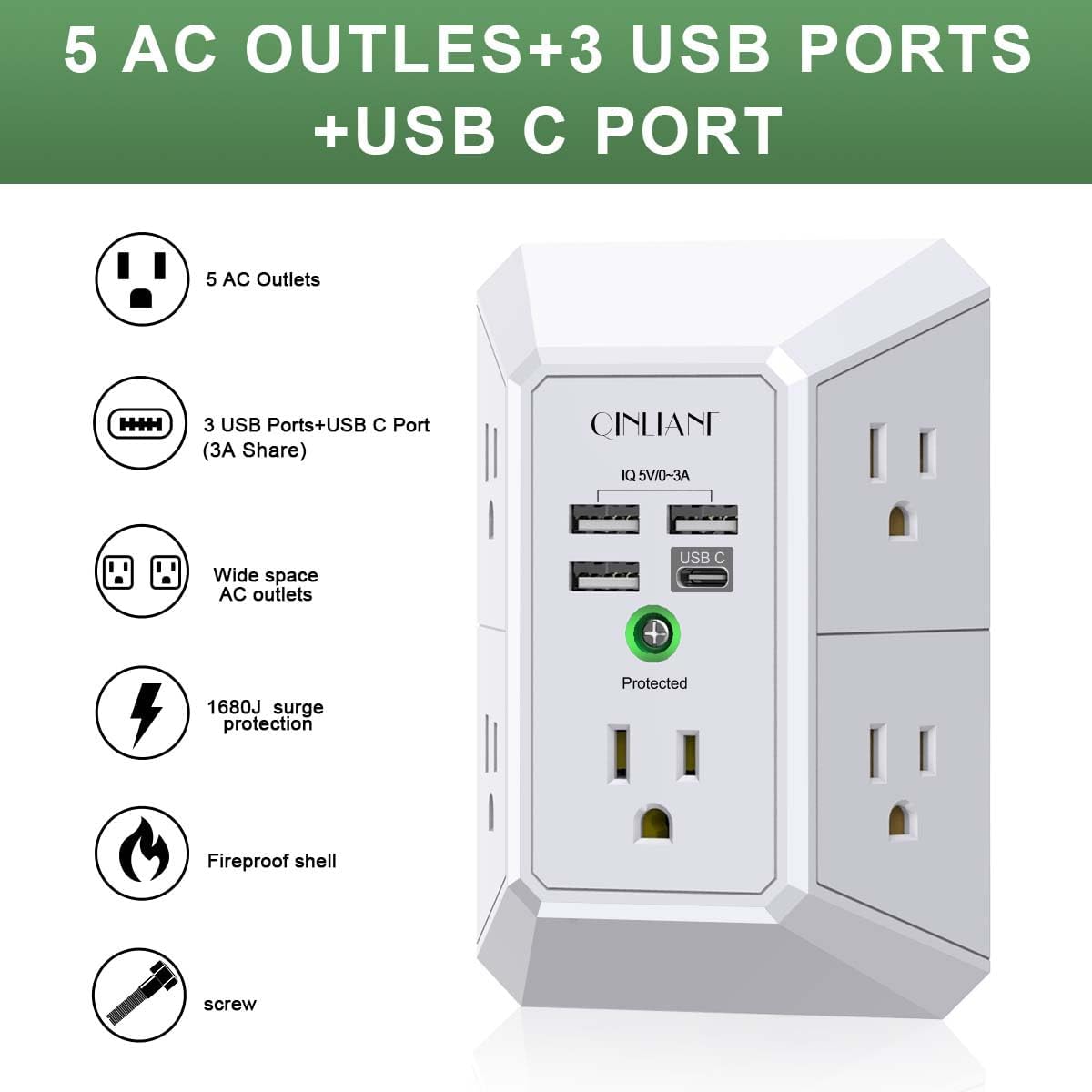 Wall Charger, Surge Protector, QINLIANF 5 Outlet Extender with 4 USB Charging Po...